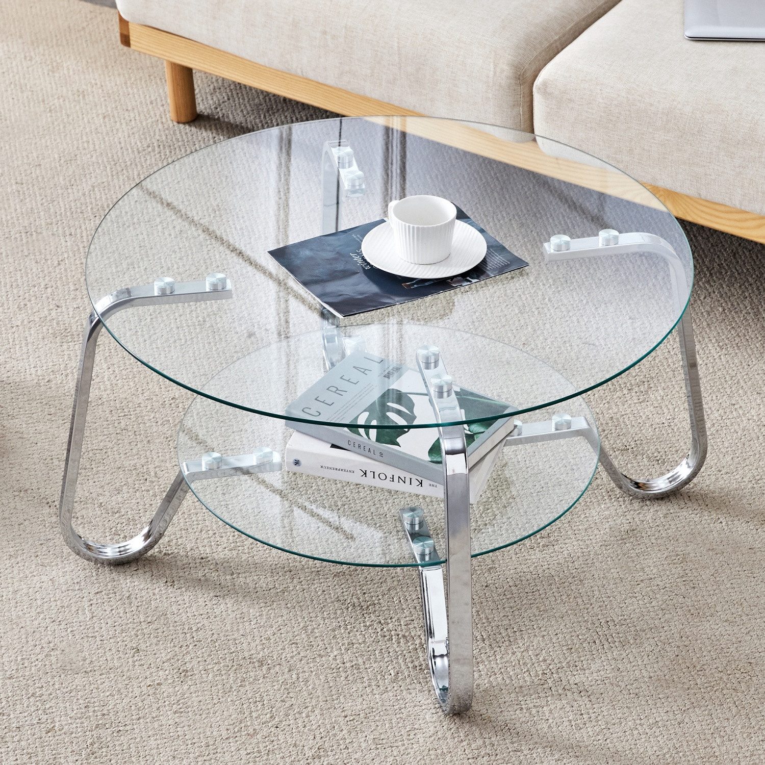 ANYSUN Couchtisch Glastisch Wohnzimmer,Couchtisch Glas Rund,Sofatisch φ80cm (Metallrahmen Doppelschicht gehärtetes Glas Couchtisch), Glas Couchtisch Beistelltisch Sofatisch, Kaffeetisch Glastisch Couch