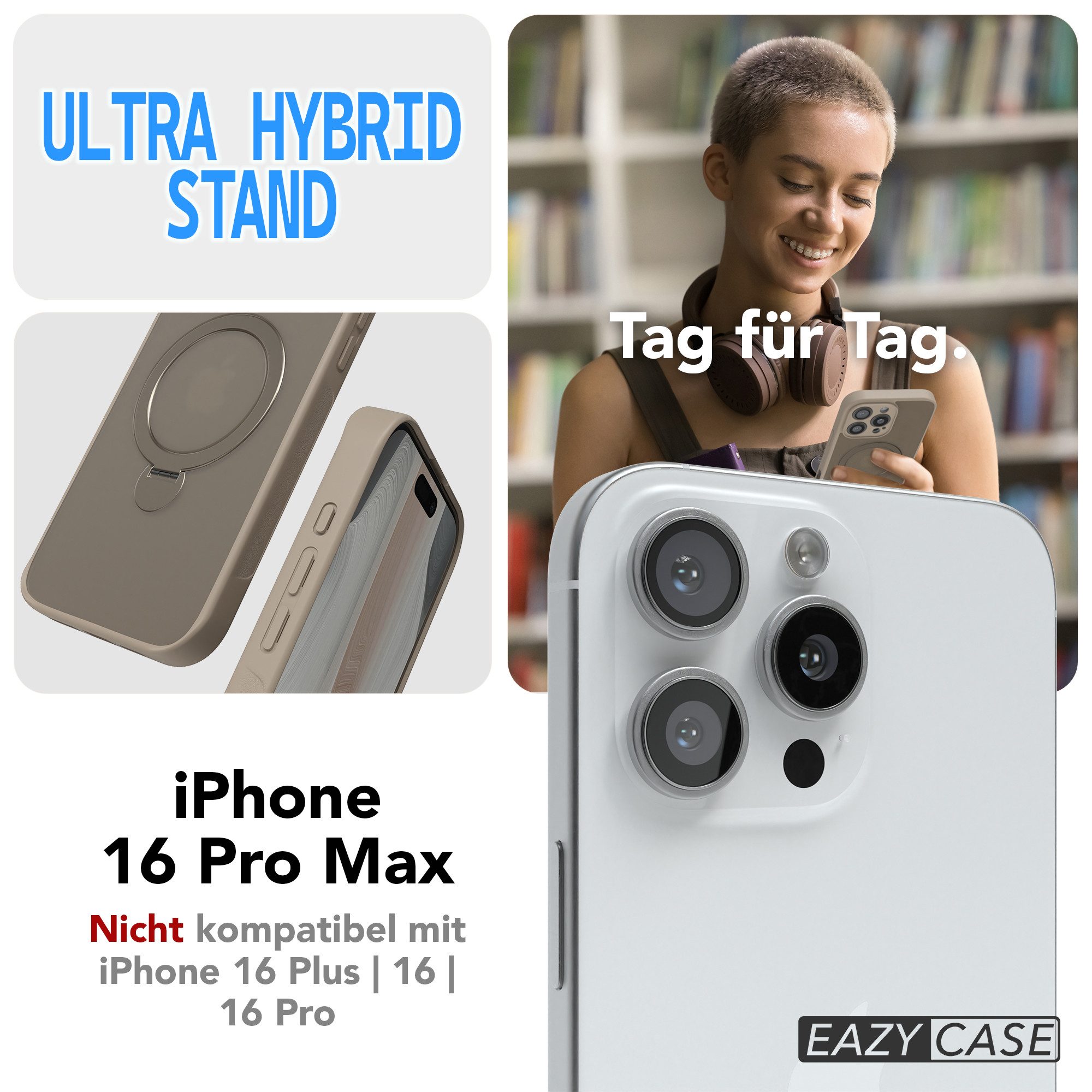 EAZY CASE Handyhülle Outdoor iPhone 16 Pro Max Case MagSafe Ring 6,9 Zoll, Outdoor Handy Hülle stoßfest Silikon Case Schutzhülle Bumper Goldbraun