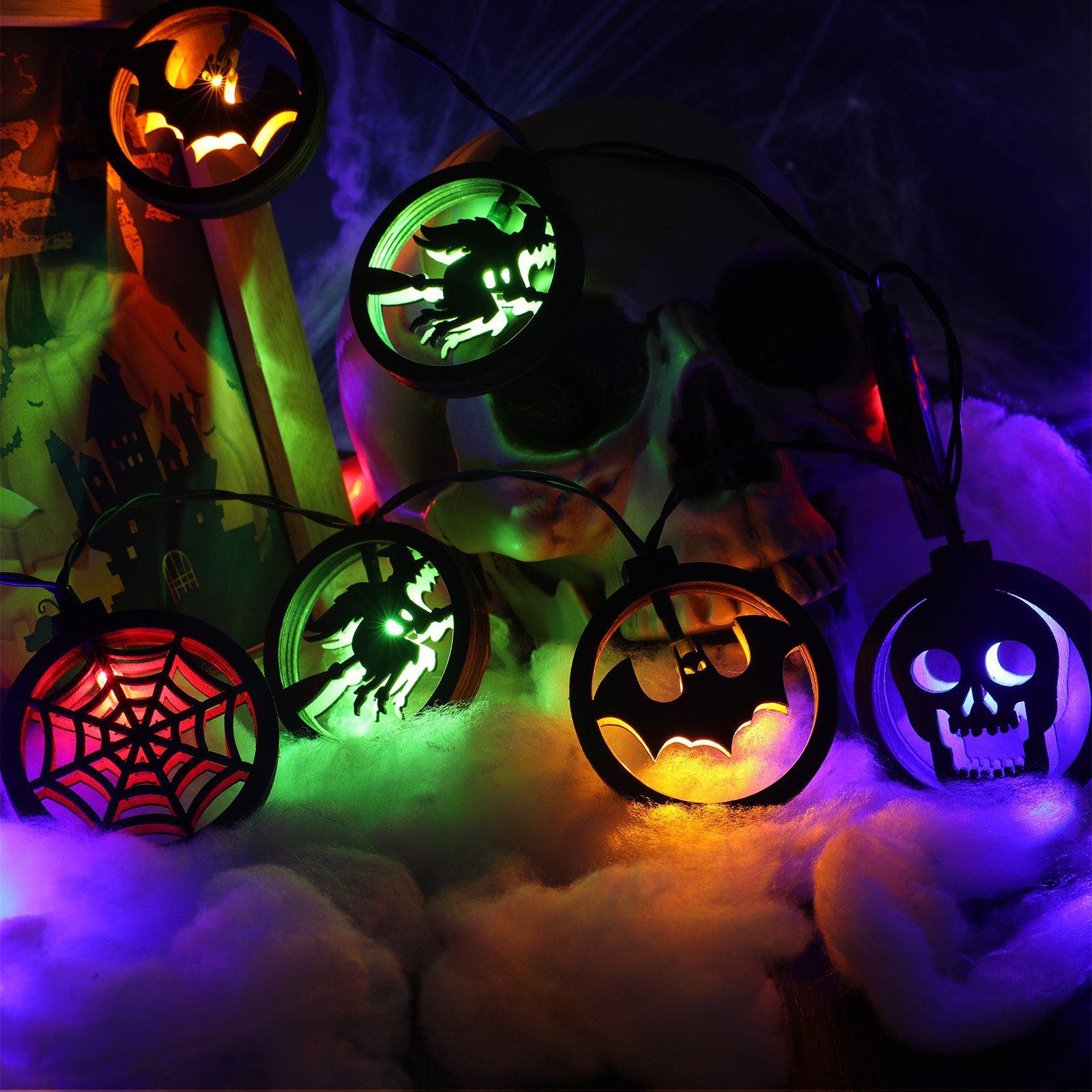 Rosnek LED-Lichterkette 3M, Fledermaus Skelett Hexe, Batterie, für Halloween Party Home Deko