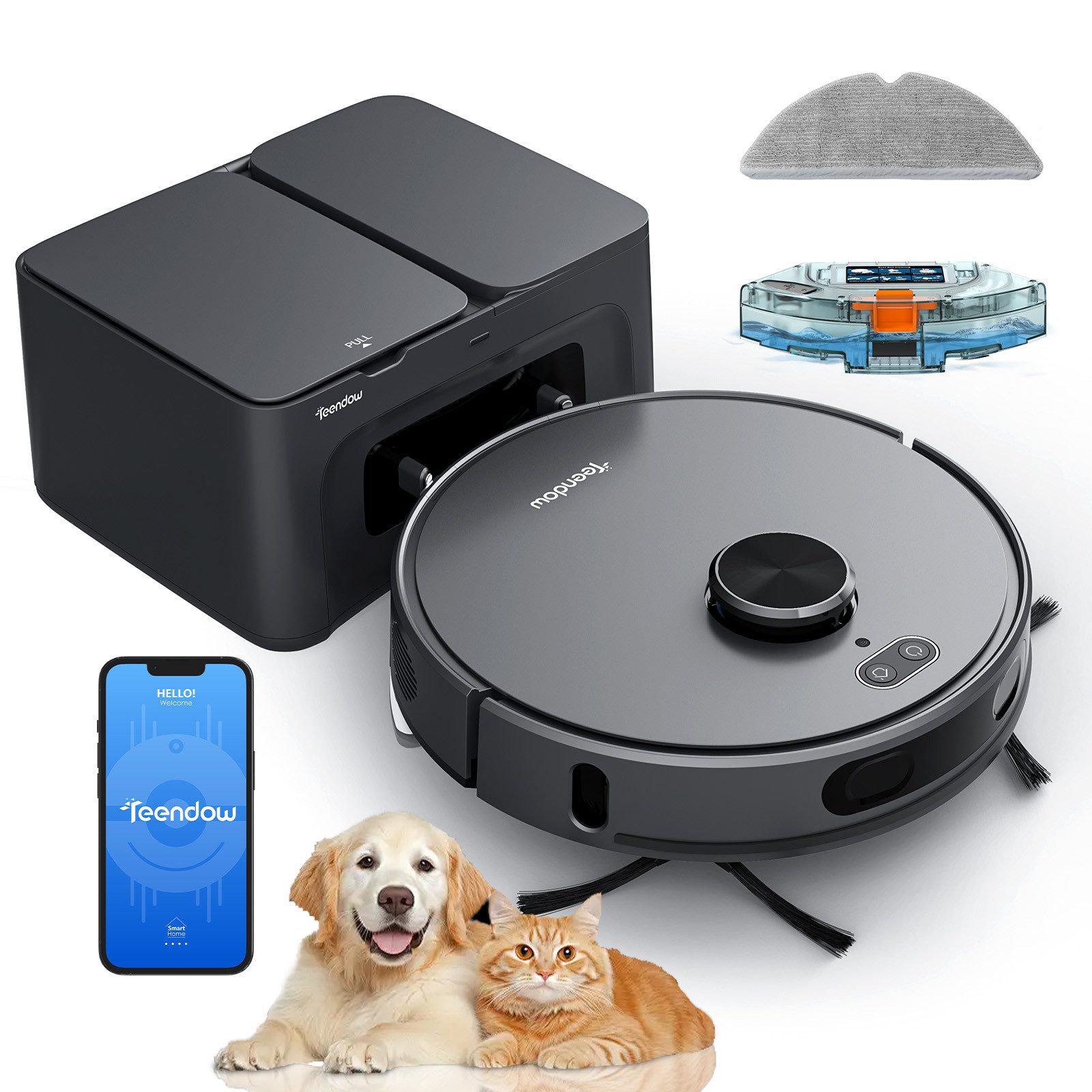 Teendow Saugroboter D65S MAX Saugroboter mit wischfunktion, 8000Pa Staubsauger Roboter, 850 W, mit Beutel, 4 Leistungsstufen, 3 Wasserstufen, 2.5 L Staubbehälter, Multi-Map