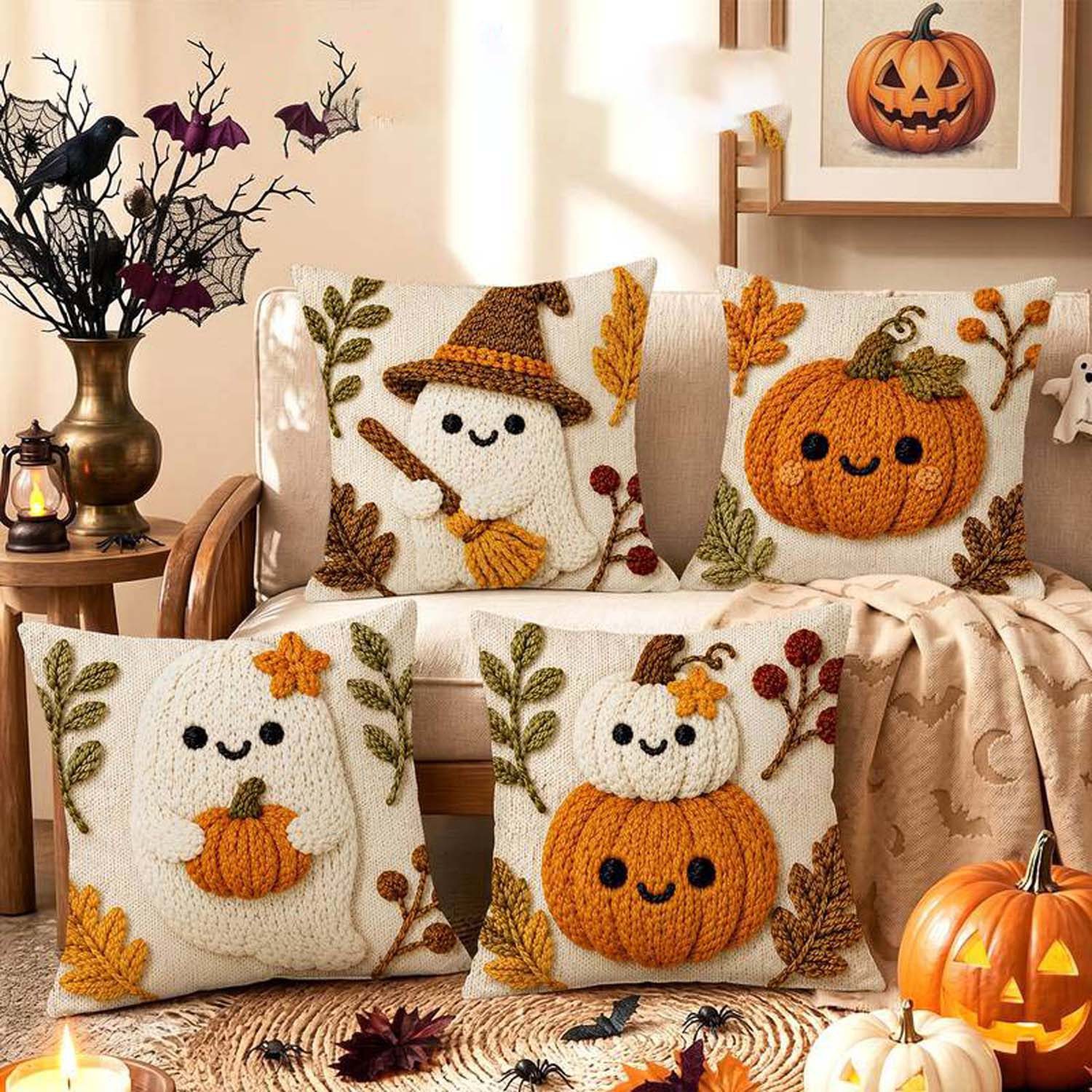 Bomiclss Kissenhüllen 4er-Set 2D Flachdruck Herbst Cartoon Halloween Kissenbezüge – Bild 5 von 5