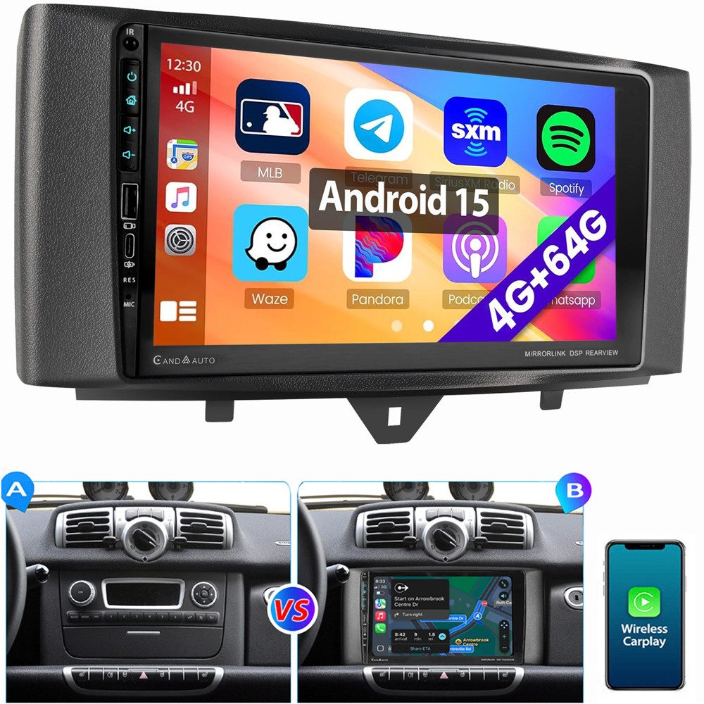 ESSGOO Für Smart Fortwo 451 2011-2015 Android Auto USB Carplay Autoradio (Digitalradio (DAB), RDS, AM, FM, 4+64GB optional, Carplay Android Auto GPS RDS SWC EQ)