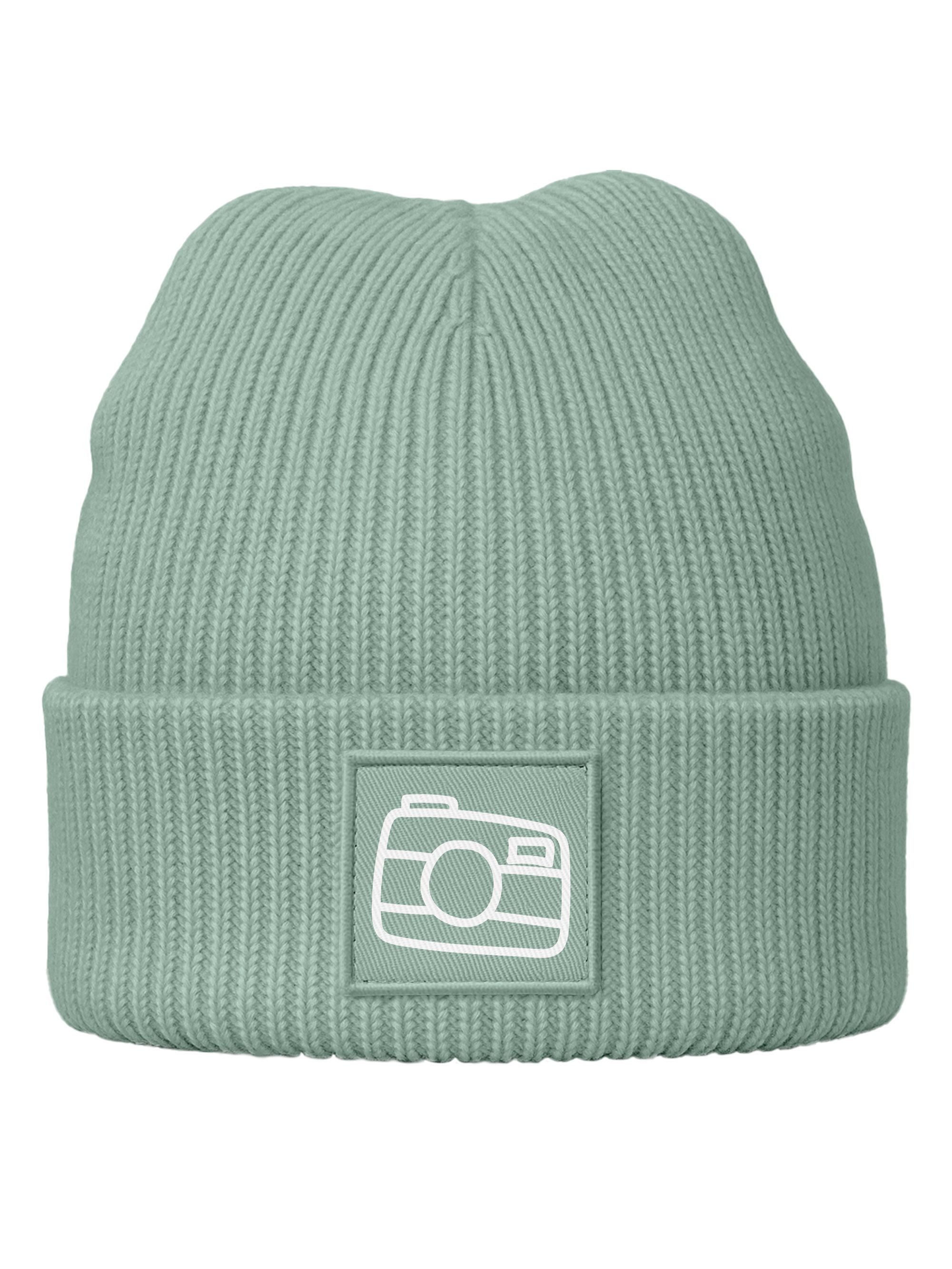 Neverless Strickmütze Damen Beanie Patch bedruckt Kamera Logo Aufdruck Prin günstig online kaufen