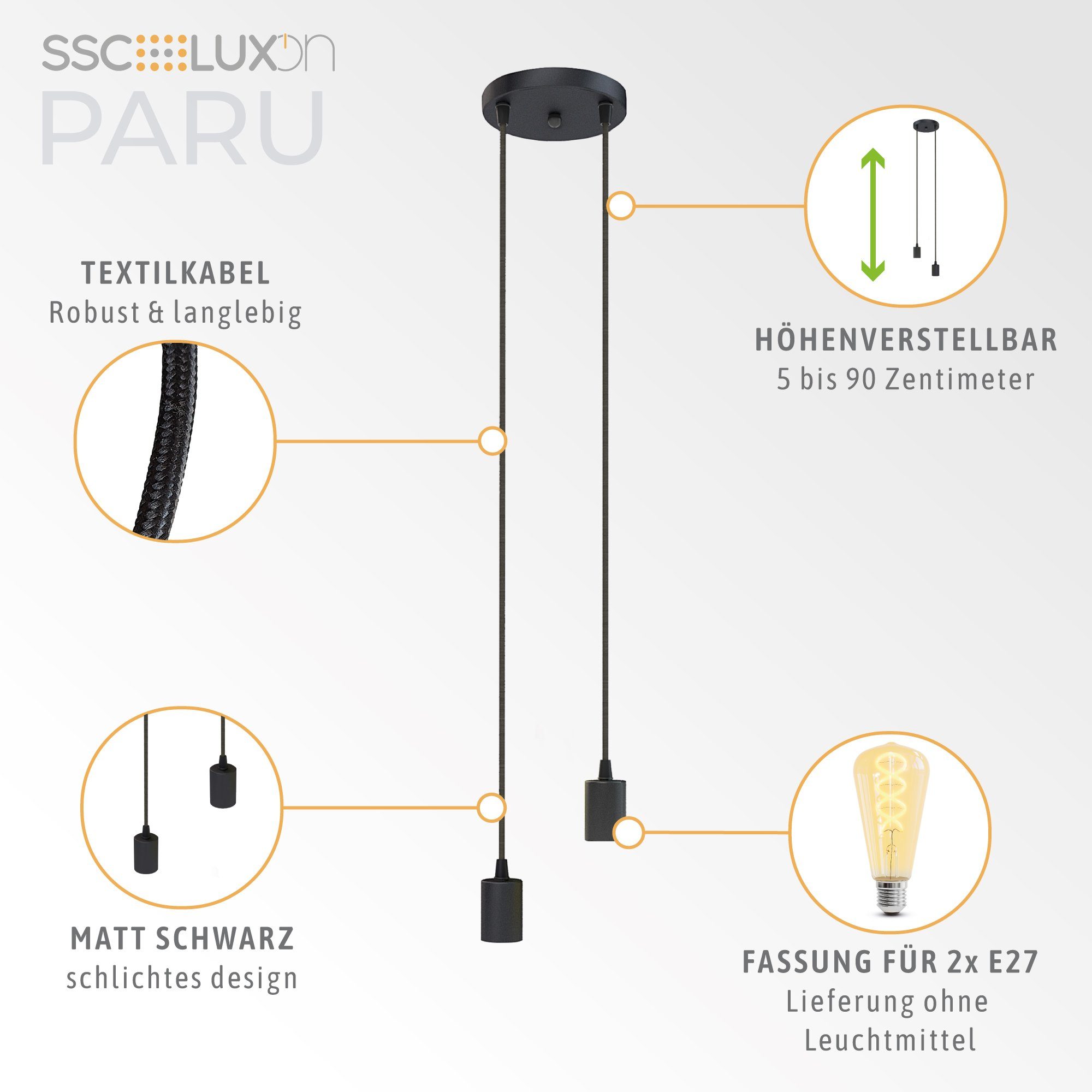 E27 Fassung 2-flammig LED-Hängeleuchte PARU Pendelleuchte Textilkabel SSC-LUXon schwarz