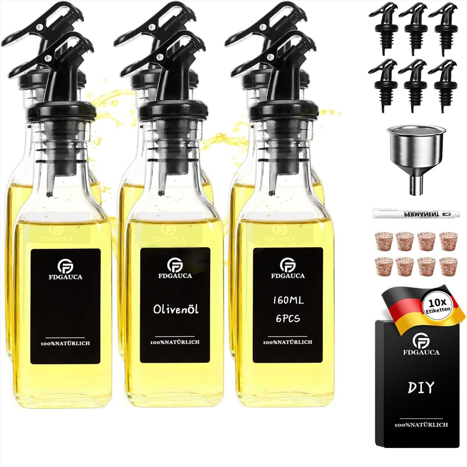 Ölspender 6Stk.160ml Essig und Ölflaschen Set mit Ausgießer,Ölspender Glas