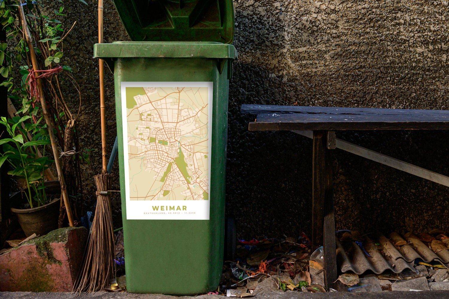 Mülltonne, Wandsticker Karte Vintage - Sticker, - Container, MuchoWow Weimar (1 Abfalbehälter Mülleimer-aufkleber, - Stadtplan St),