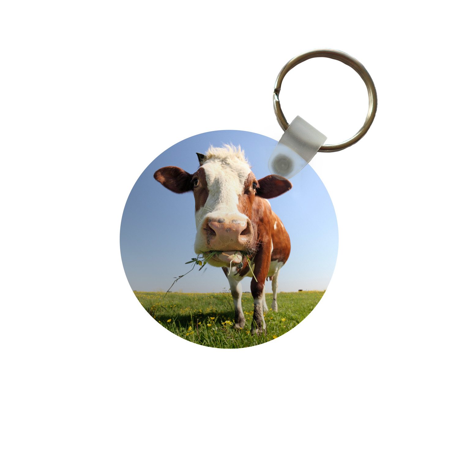 MuchoWow Schlüsselanhänger Kuh - Tiere - Blumen - Gras, Rund, Geschenk für Damen / Herren / Kinder mit Schlüsselring, 5x5 cm
