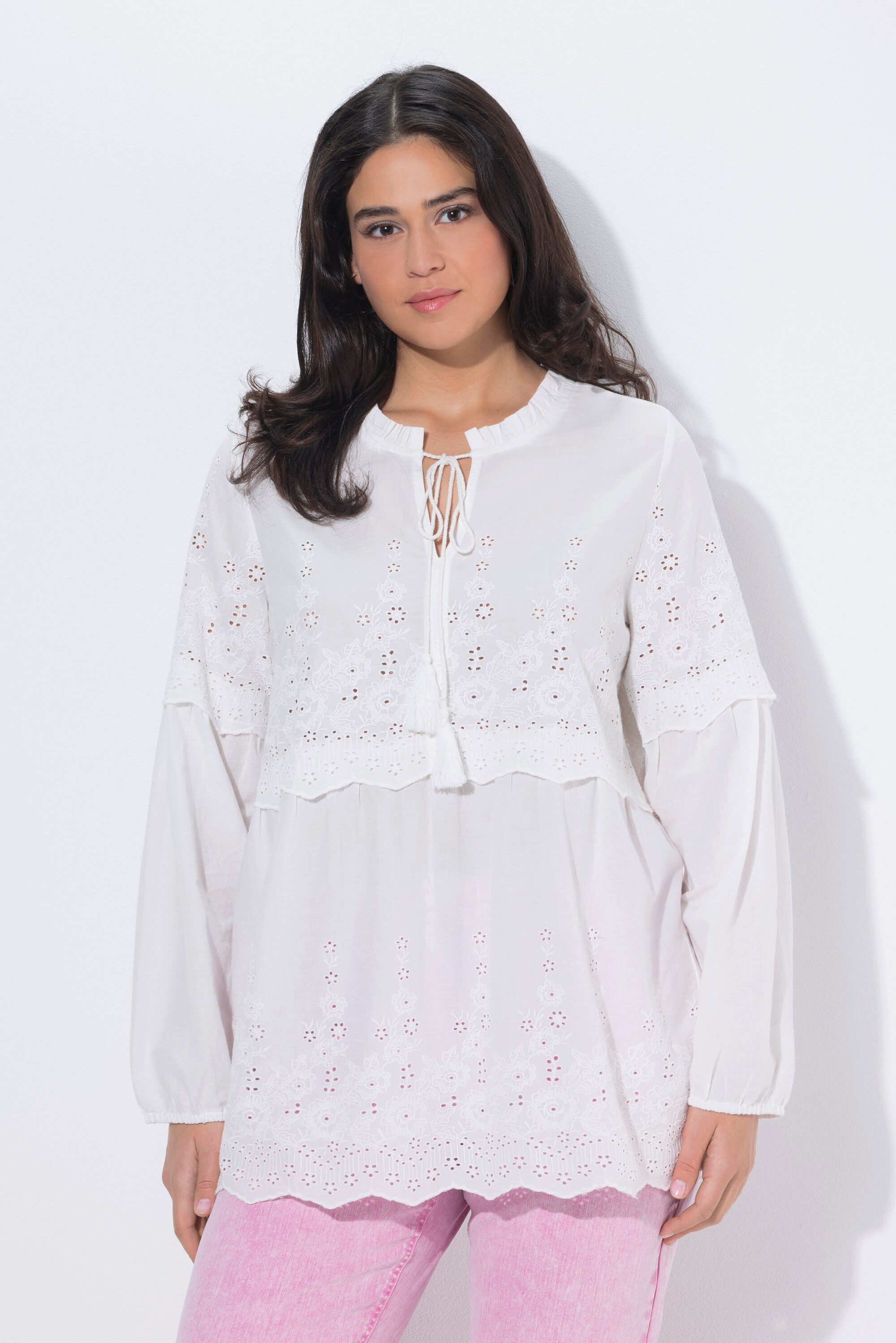 Ulla Popken Tunika Boho-Bluse Rüschen/Spitze Stehkragen Langarm