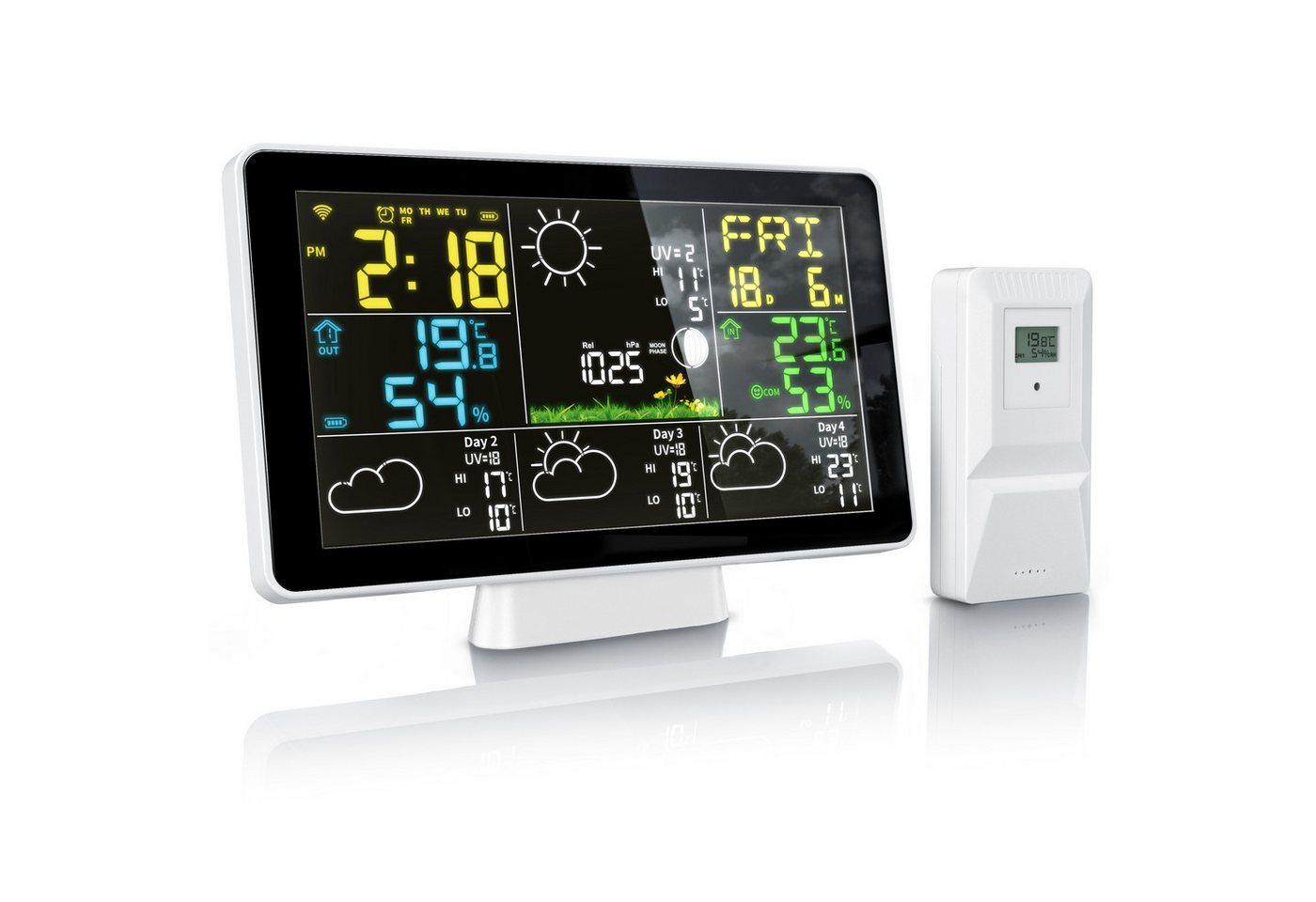 Brandson WIFI / Wlan, mit Funk Außensensor, Barometer, Luftfeuchtigkeit Wetterstation (mit Außensensor, Wecker, Wetter Prognose mit App, Temperaturtrend, UV, Mondphase)