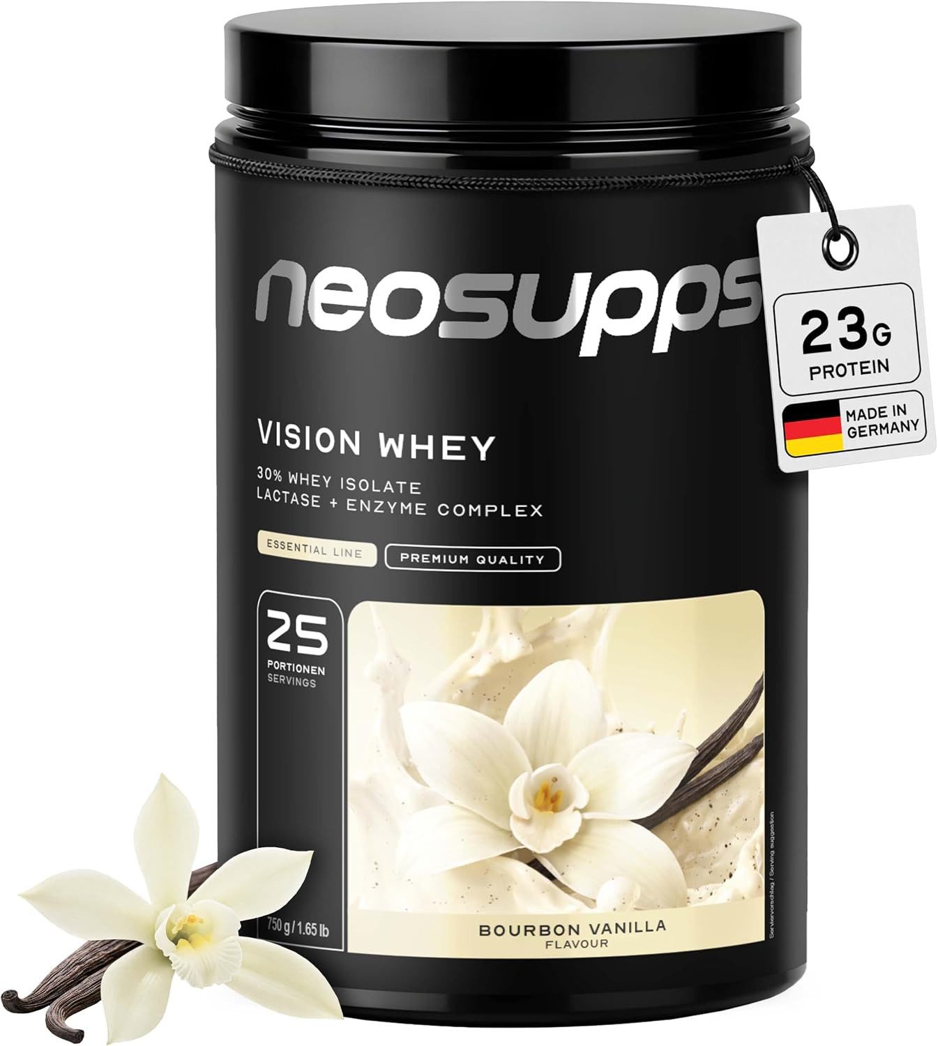 Neosupps Whey Protein Pulver Bourbon Vanilla 750g, Proteinpulver, Proteinshake Pulver, 750 g, Protein zum Muskelaufbau mit geprüfter Qualität, Made in Germany