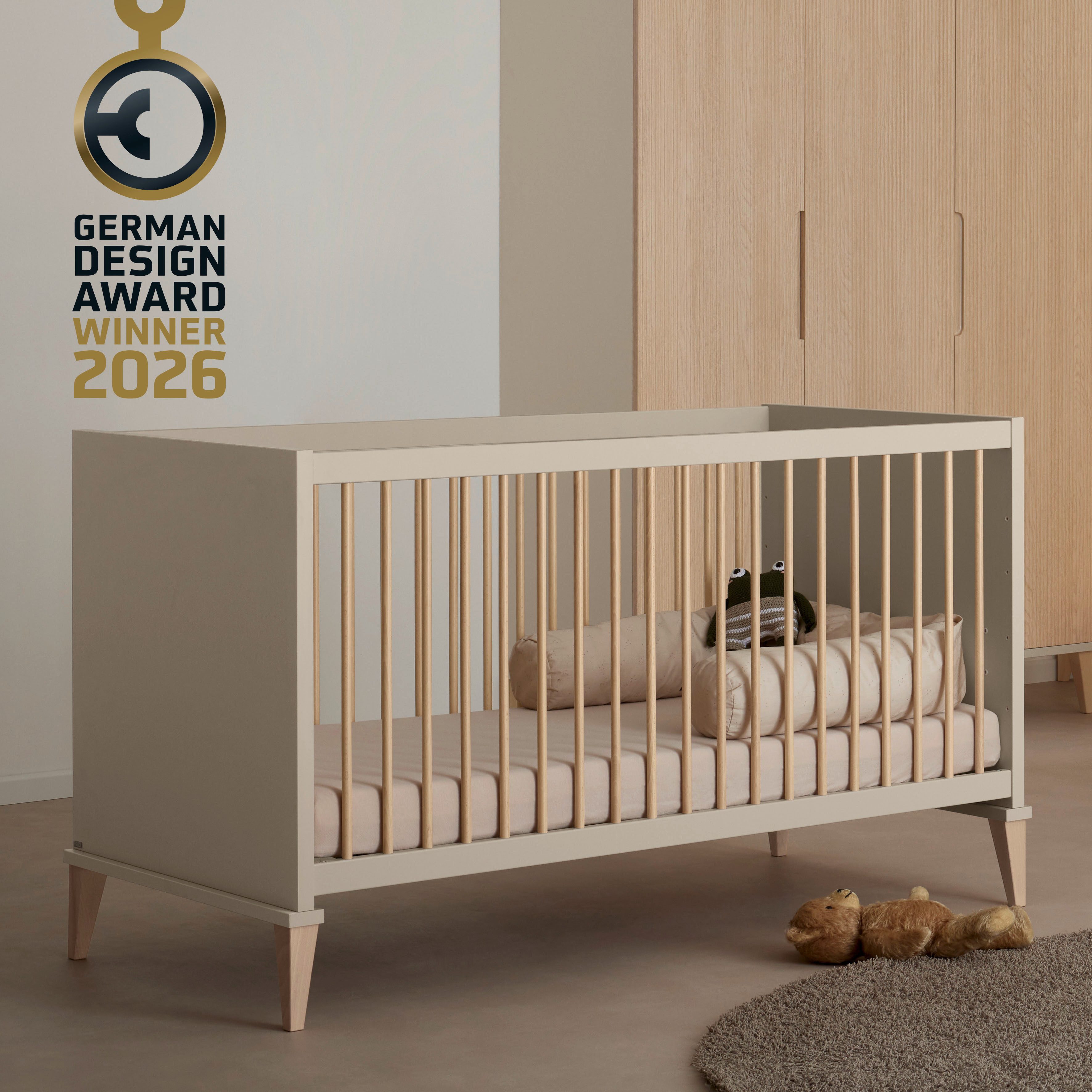 PAIDI Babybett JONTE 70x140cm in Beige, umbaubares Kinderbett mit Massivholz, Gitterbett 4-fach höhenverstellbar, entnehmbare Sprossen, Juniorbett