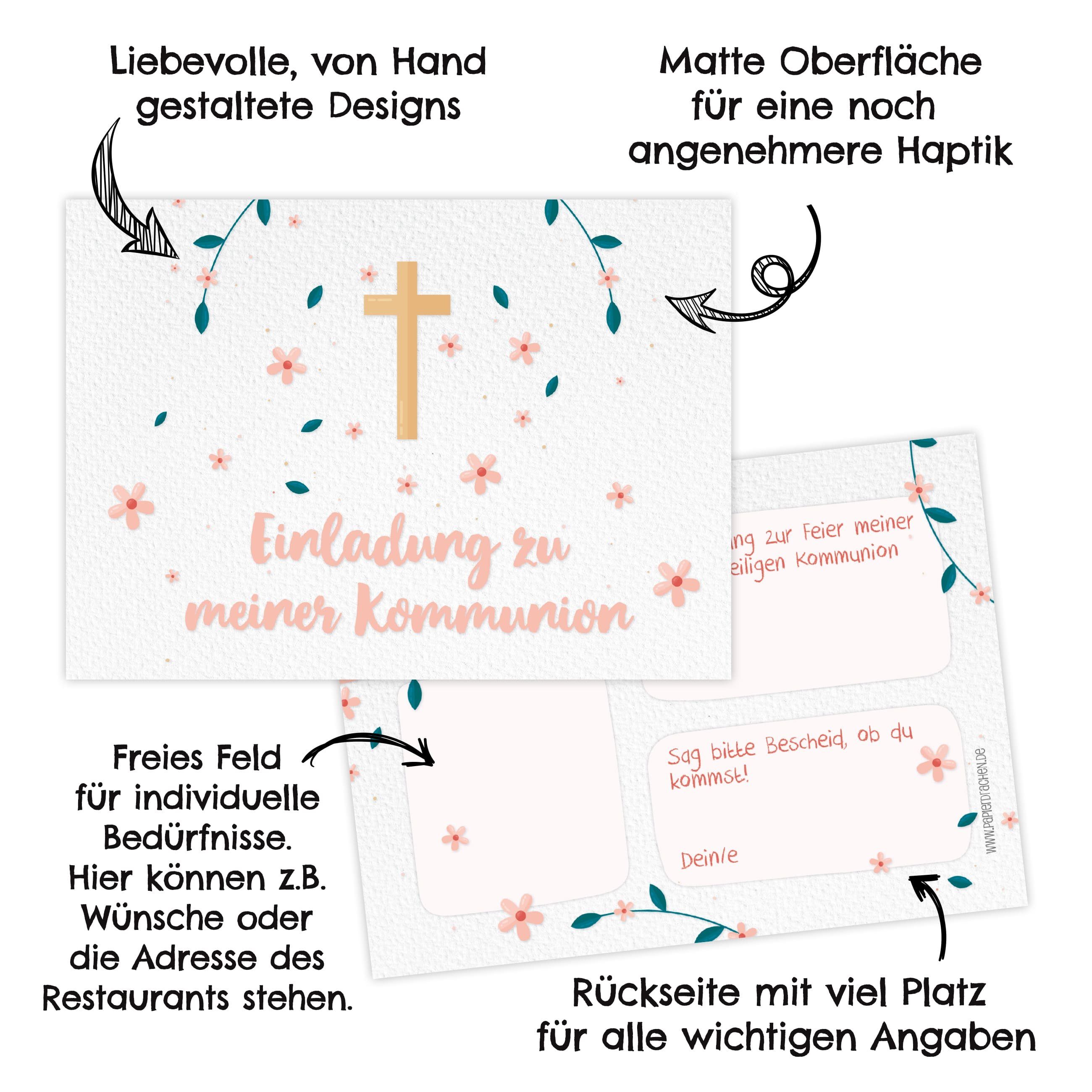 PAPIERDRACHEN Kommunionskarte 12 Einladungskarten zur Kommunion - Einladung zur Heiligen Kommunion, für Mädchen und Jungen -hochwertig gedruckt in DIN A6