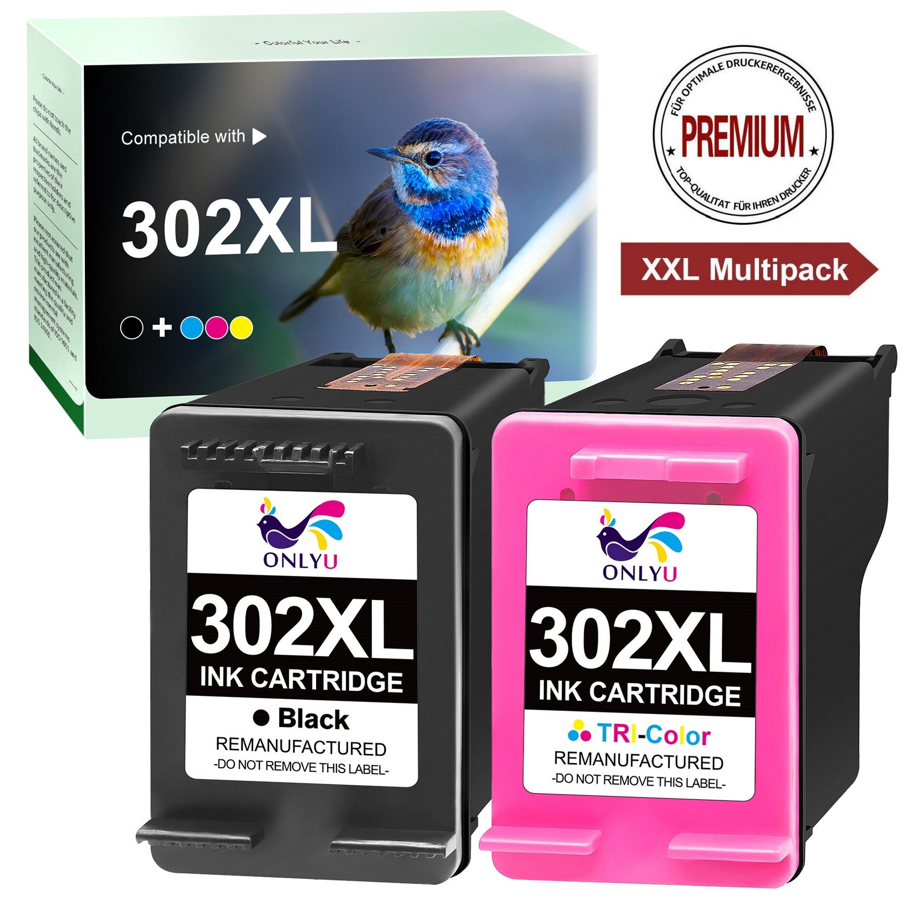 ONLYU 2er Patrone für HP 302 xl Multipack Envy 4525 4520 4527 Deskjet Tintenpatrone (Deskjet 1110 2130 2132 2134 3630 3632 3633 3634 3636 3638, Officejet 3831 3830 3833 5230 5220)