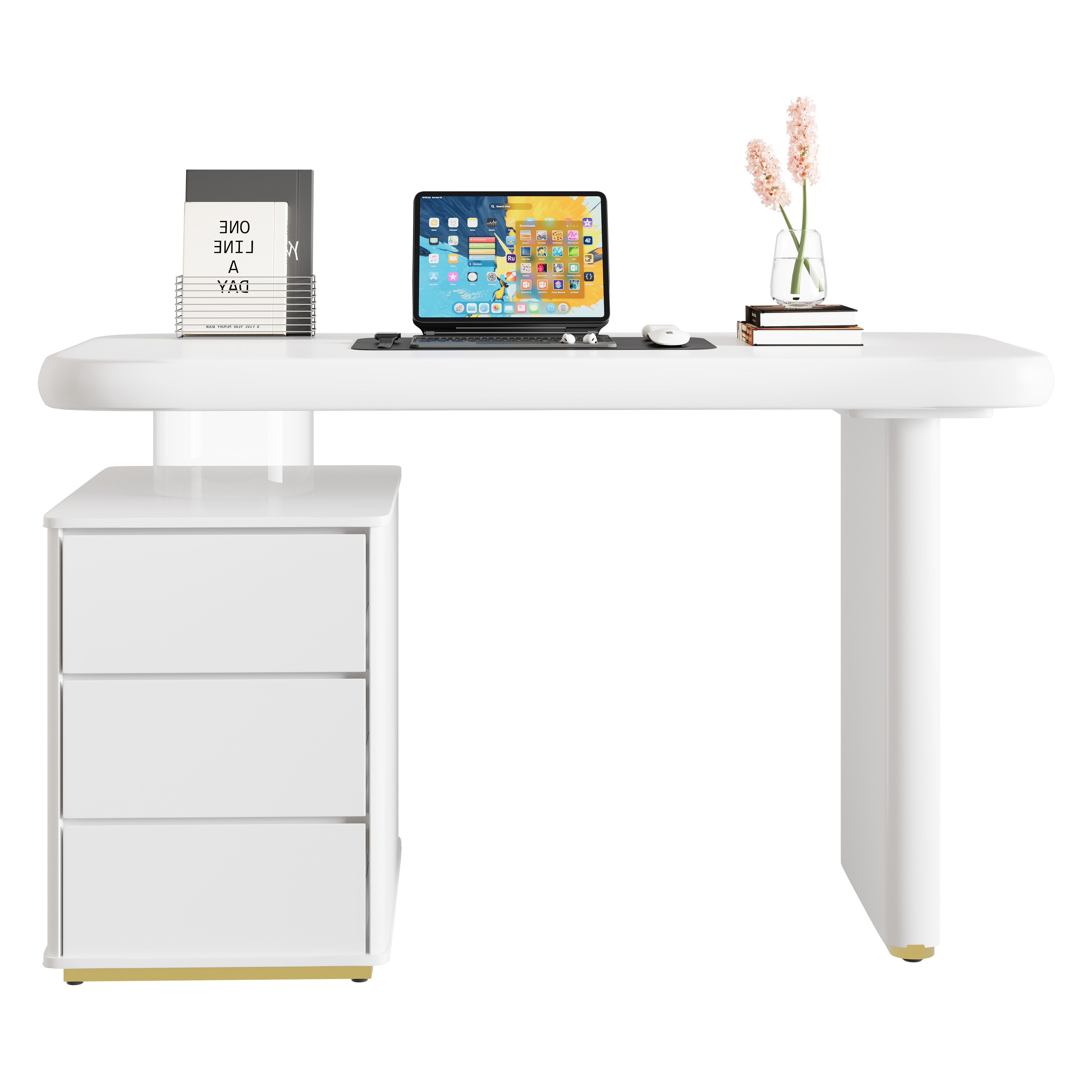 OKWISH Schreibtisch weißer Voll-Lackierung (Computertisch, Stehtisch, 1-St., 3 Schubladen, verdickte Tischplatte und Beine), Wolkenform, abgerundete Kurven, 117×50×74 cm