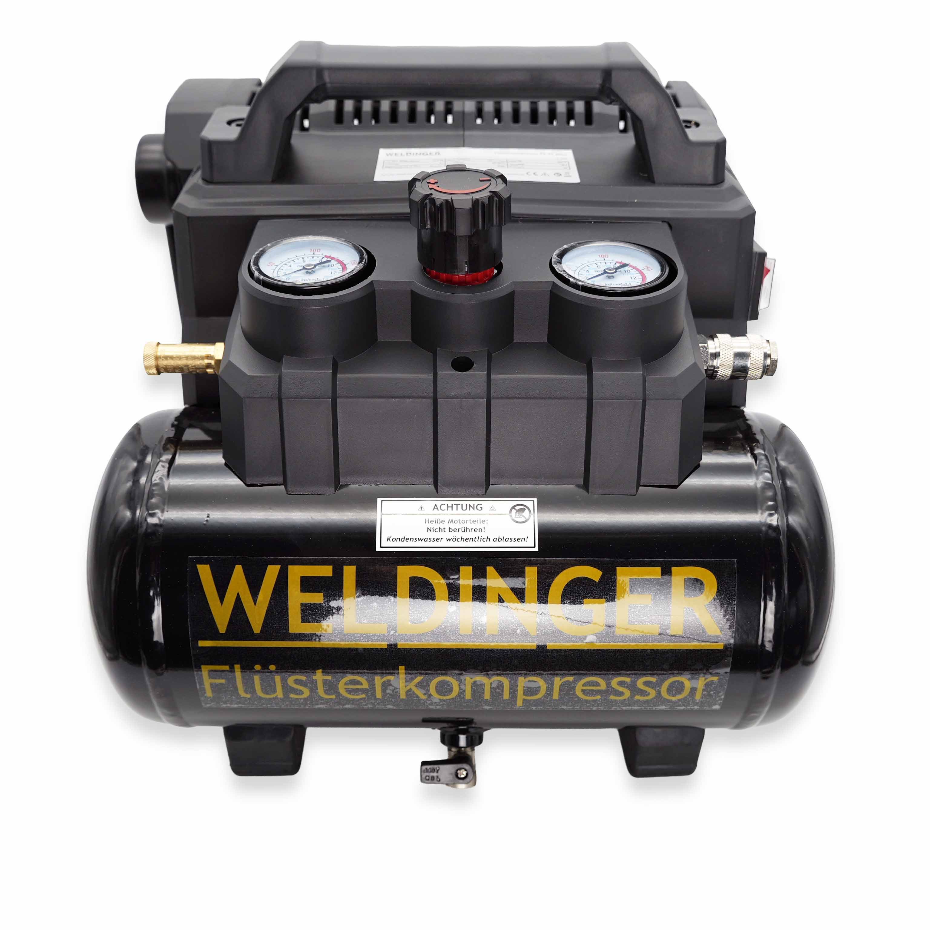 WELDINGER Kompressor Flüsterkompressor FK 70 akku 8 bar 6 Liter Tank 400 W 60 l/min 18V DC, 400 W, max. 8 bar, 6 l, 6-Liter-Behälter, 60 l/min Luftabgabe bei 6 bar und 400 W Leistung