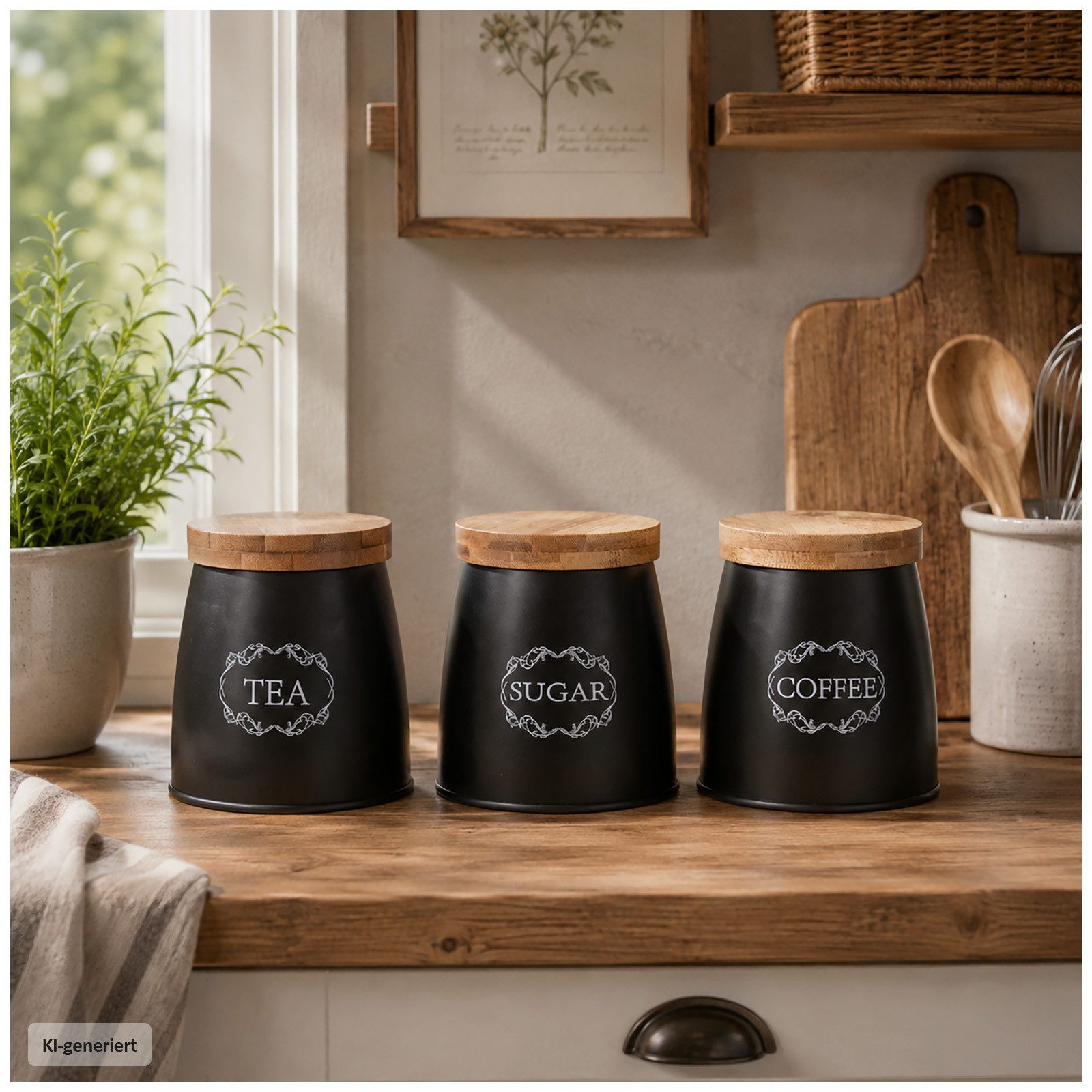 Neuetischkultur Vorratsdose Vorratsdosen 3er-Set mit Holzdeckel, Eisen, (Set, 3-tlg., 3 Vorratsdosen), Metall Kaffeedose Teedose Zuckerdose