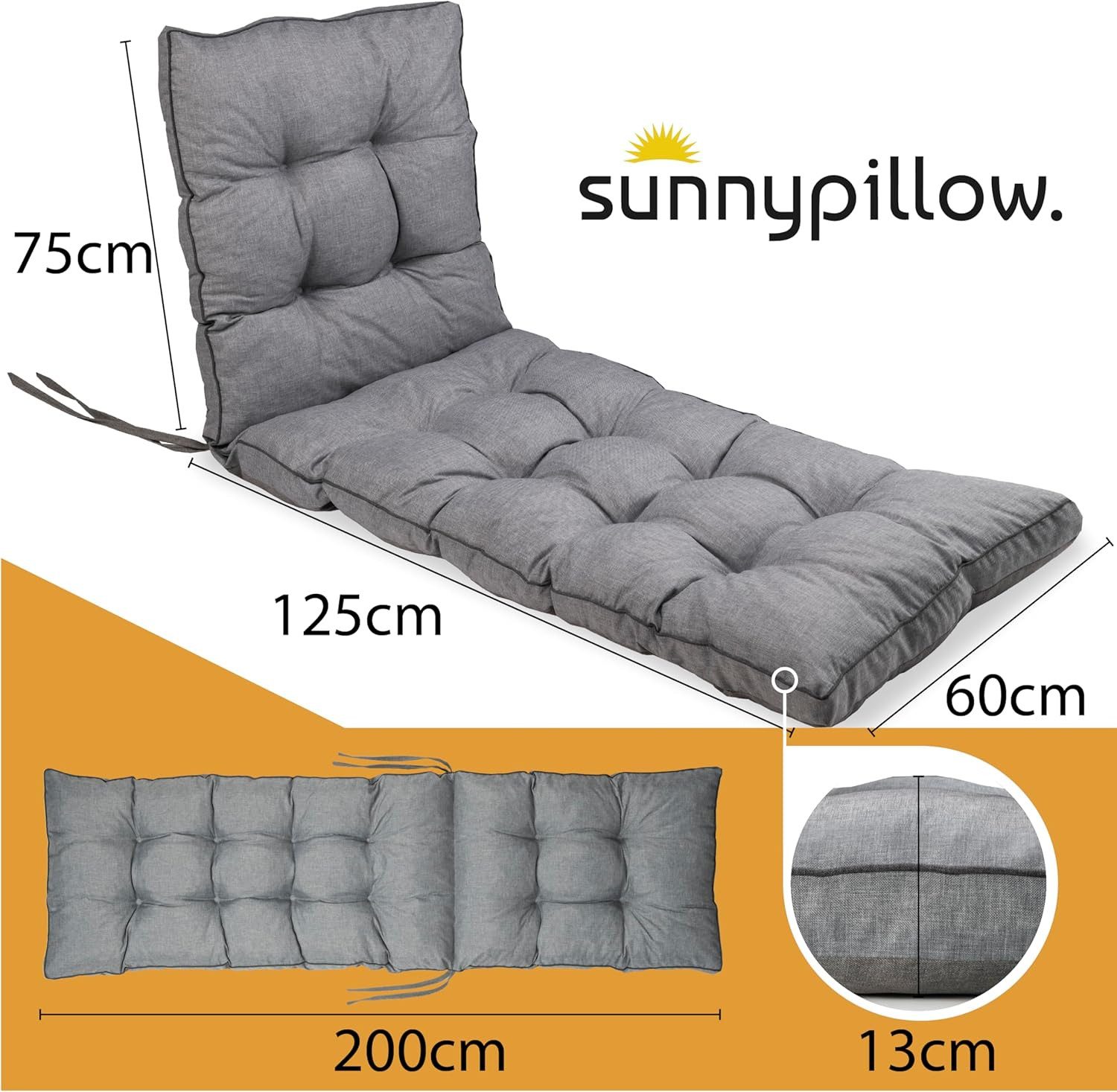 sunnypillow Liegenauflage 200 x 60 - Auflage für Gartenliege extra dick 13cm, Grau