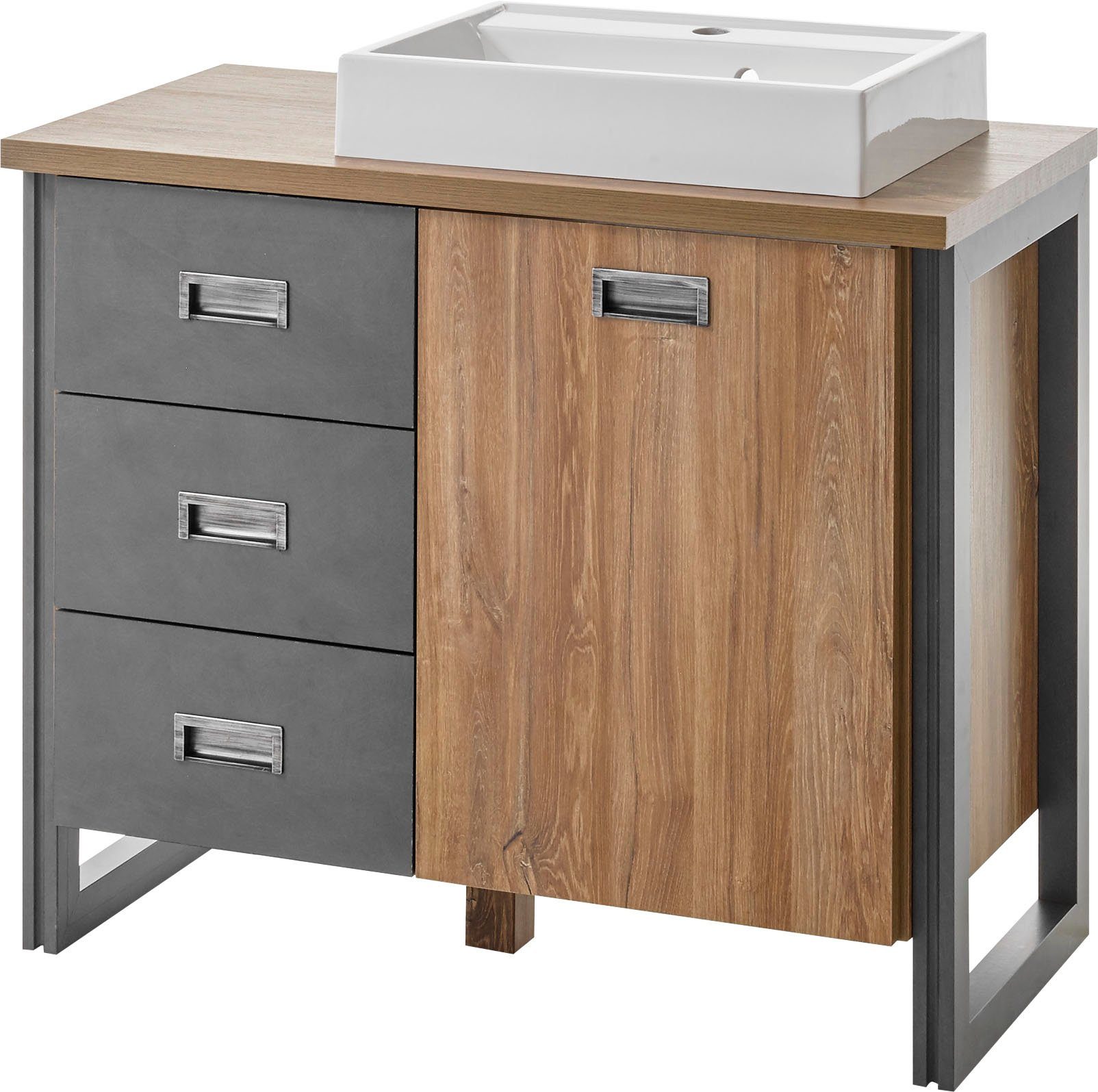 Home affaire Waschtisch Detroit, Unterschrank mit Apothekergriff, Badschrank, Industrialdesign, Eiche Dekor, mit Stauraum, inkl. Mineralguss-Waschbecken, Breite 91 cm