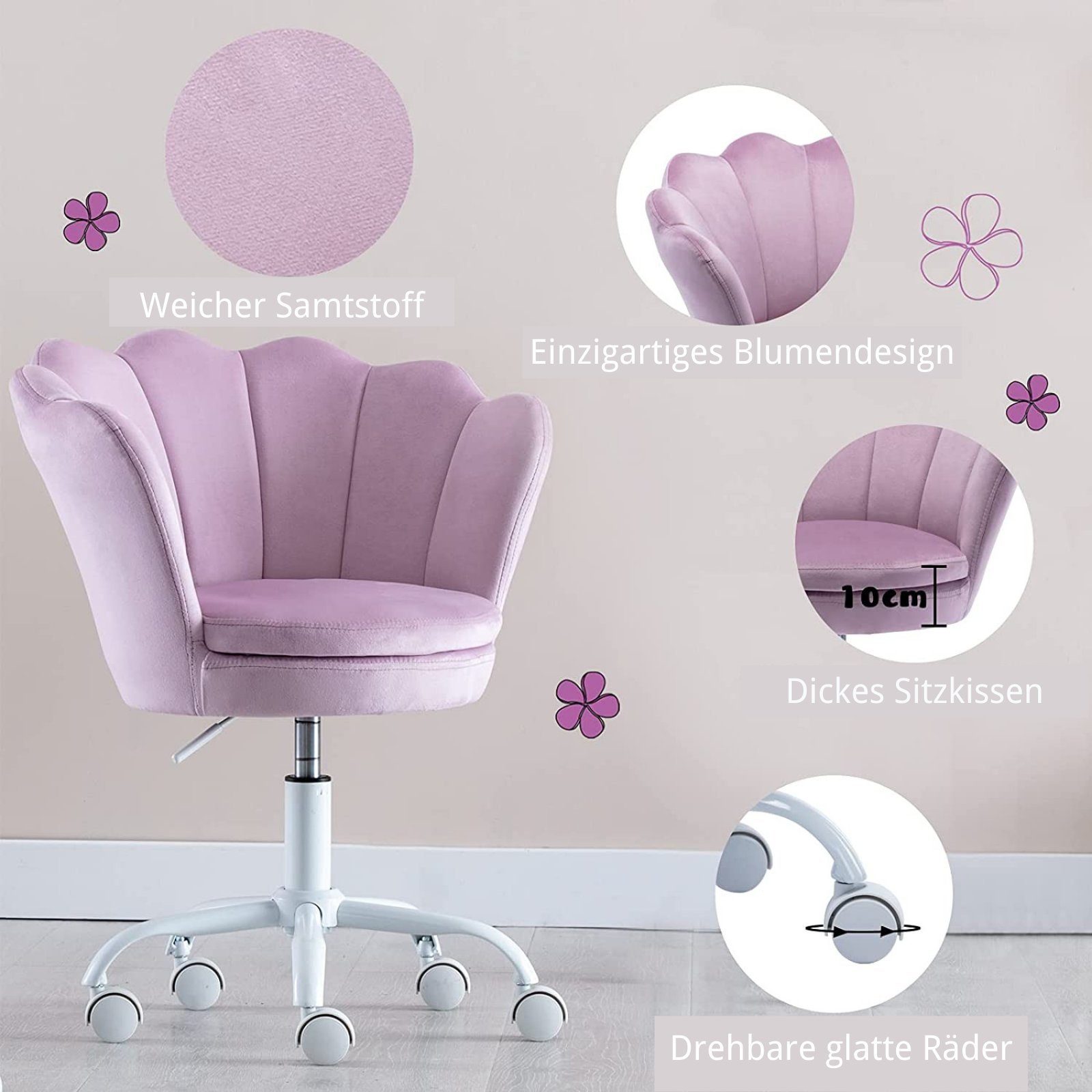 WAHSON OFFICE CHAIRS Loungesessel Kinder-Drehstuhl aus Samt/Kunstfell im Blütenblatt-Design
