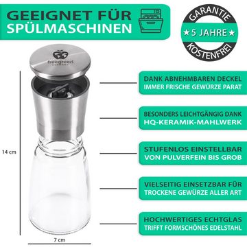 freegreen® Gewürzmühle PREMIUM« Salz und Pfeffermühle 14cm 2er Set + Clean Eating Kochbuch Manuell für ein einzigartig gleichmäßiges Mahlergebnis!, mit verstellbarem Keramik-Mahlwerk und Geschenkverpackung