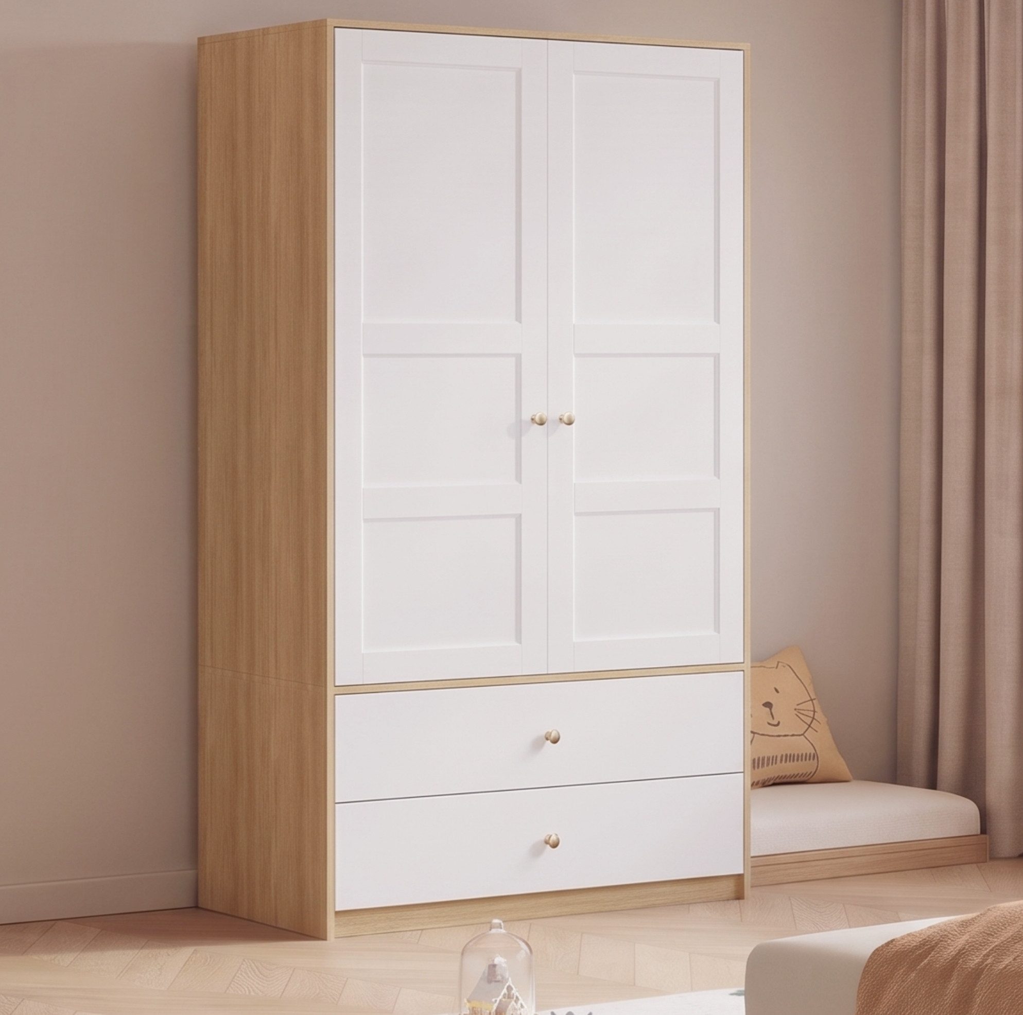 OKWISH Kleiderschrank Stauraumschrank mit 2 Türen & 2 Schubladen (Packung, 1-St., Natur+Weiß, 100×48×180 cm, für Schlafzimmer) Kleiderstange, verstärkte Beschläge, viel Stauraum