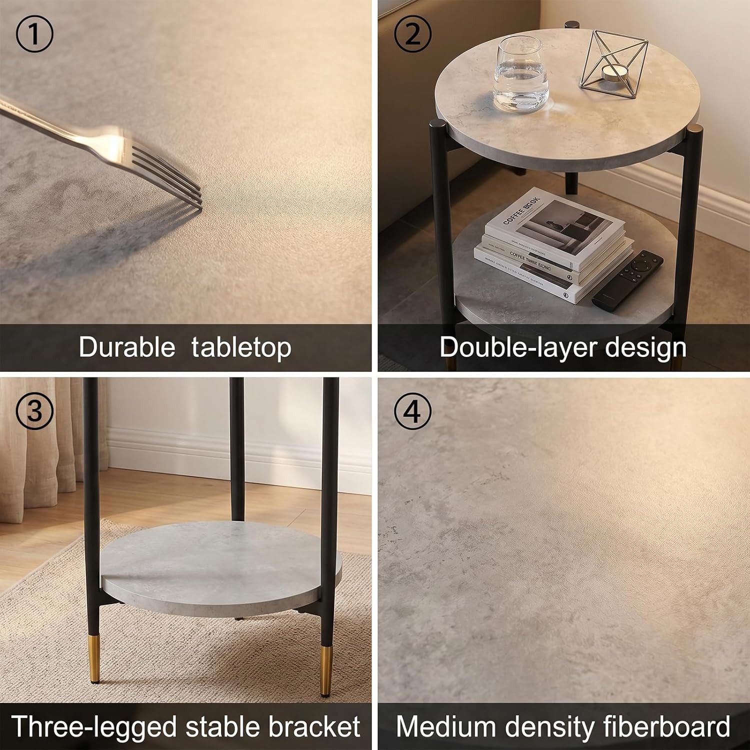 Jiexi Beistelltisch Beistelltisch rund Betonoptik Grau Nachttisch Metallgestell Schwarz – Bild 5 von 5