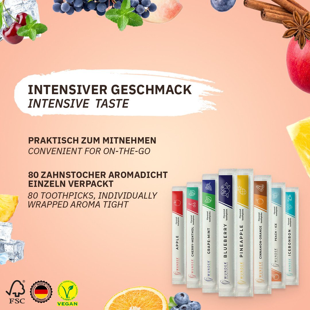 Wunder Zahnstocher Mundpflegecenter Zahnstocher mit Geschmack 80er Pack Mix einzeln verpackt, frischer Atem - Alternative zu Kaugummi - zuckerfrei & kalorienfrei