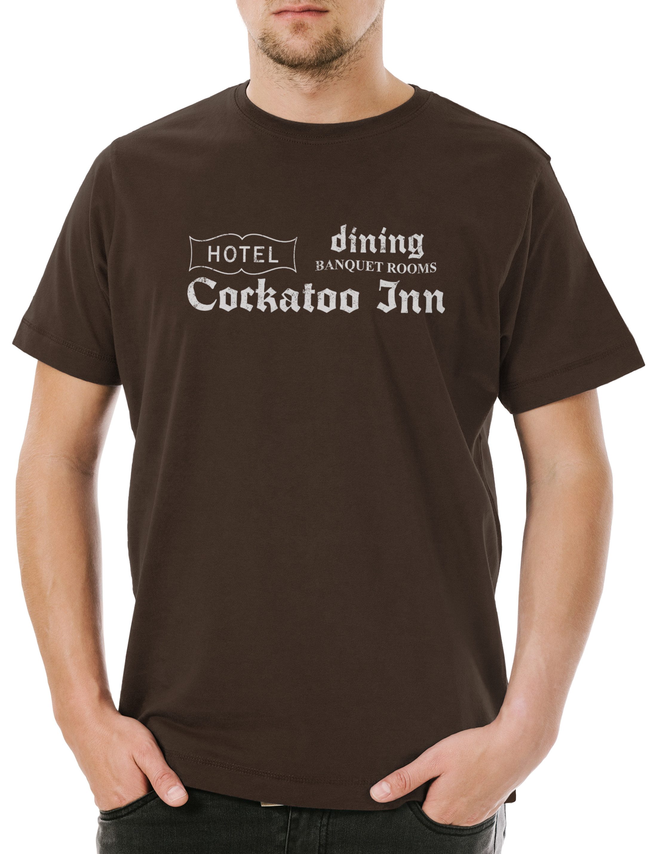Urban Backwoods Print-Shirt Cockatoo Inn Herren T-Shirt Jackie Ordell Bar Dining Brown Diner Rooms (1-tlg) Hotel Restaurant The Symbole