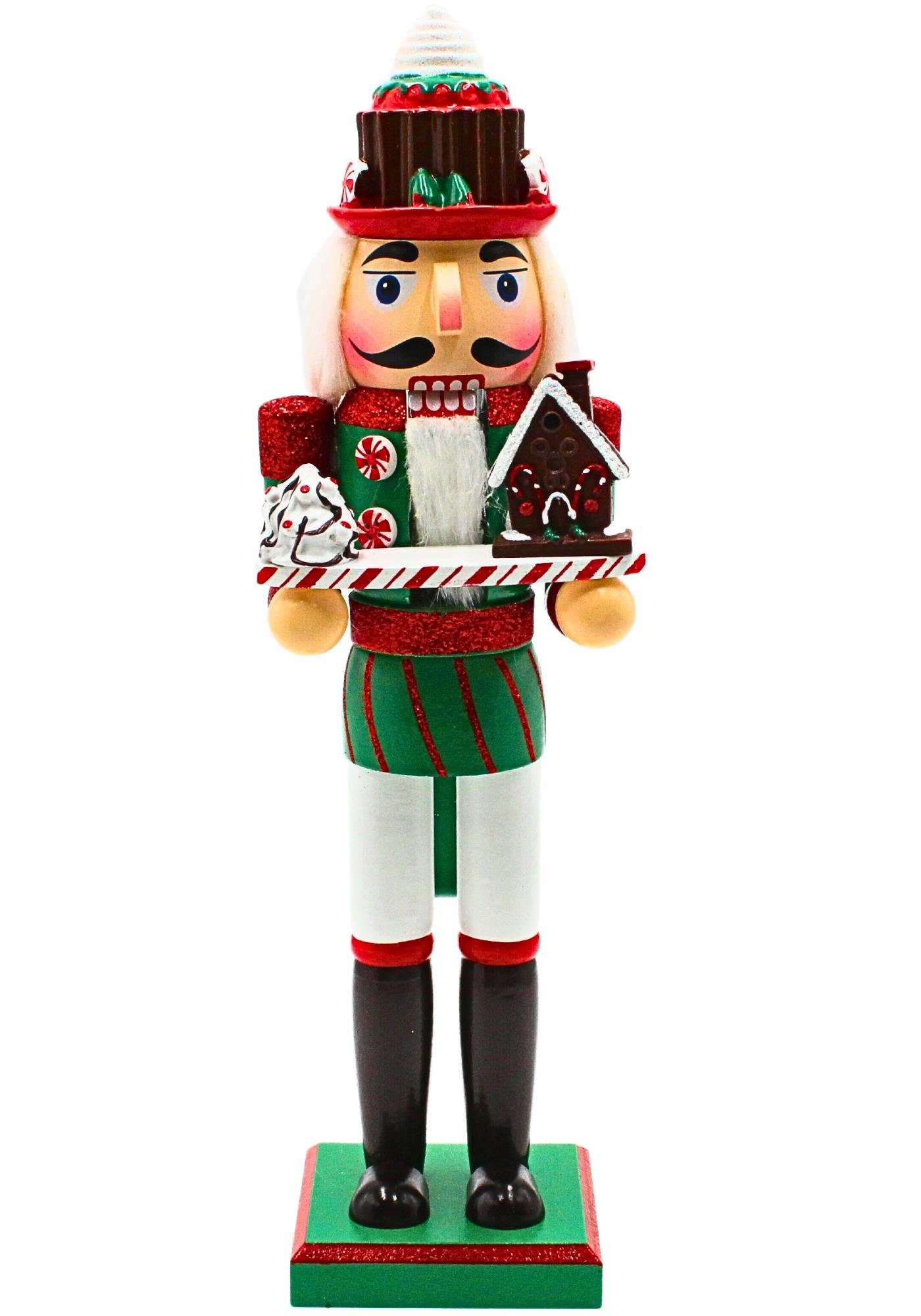 Dekohelden24 Nussknacker Holz Nussknacker mit Lebkuchenelemente, Ausführung über Menü wählbar., in Rot-Grün, Größe L/B/H: ca. 9,5 x 10,5 x 35 cm