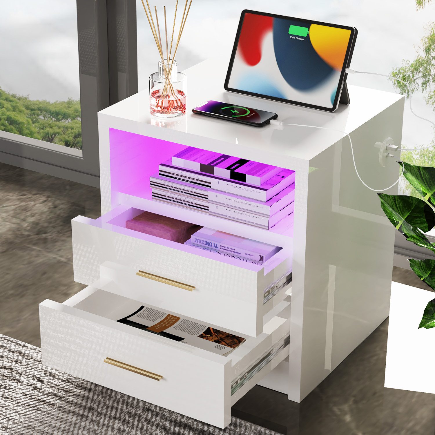 oyajia Nachttisch Nachtschrank mit 2/3 Schubladen, Beistelltisch mit Ladestation und LED (1-st RGB Nachttisch mit Schubladen und Ladestation), Nachttisch mit Schubladen, Einstellbare Farben, Type-C, USB-Anschlüsse