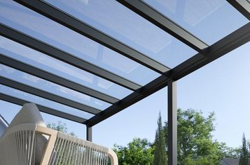 Rexin Terrassendach REXOpremium – hochwertiges Aluminium Terrassendach 6m x 2,5m, BxT: 606x250 cm, Bedachung VSG-Glas klar oder VSG-Glas grau, mit 4mm starken Profilen, Terassenüberdachung, Vordach
