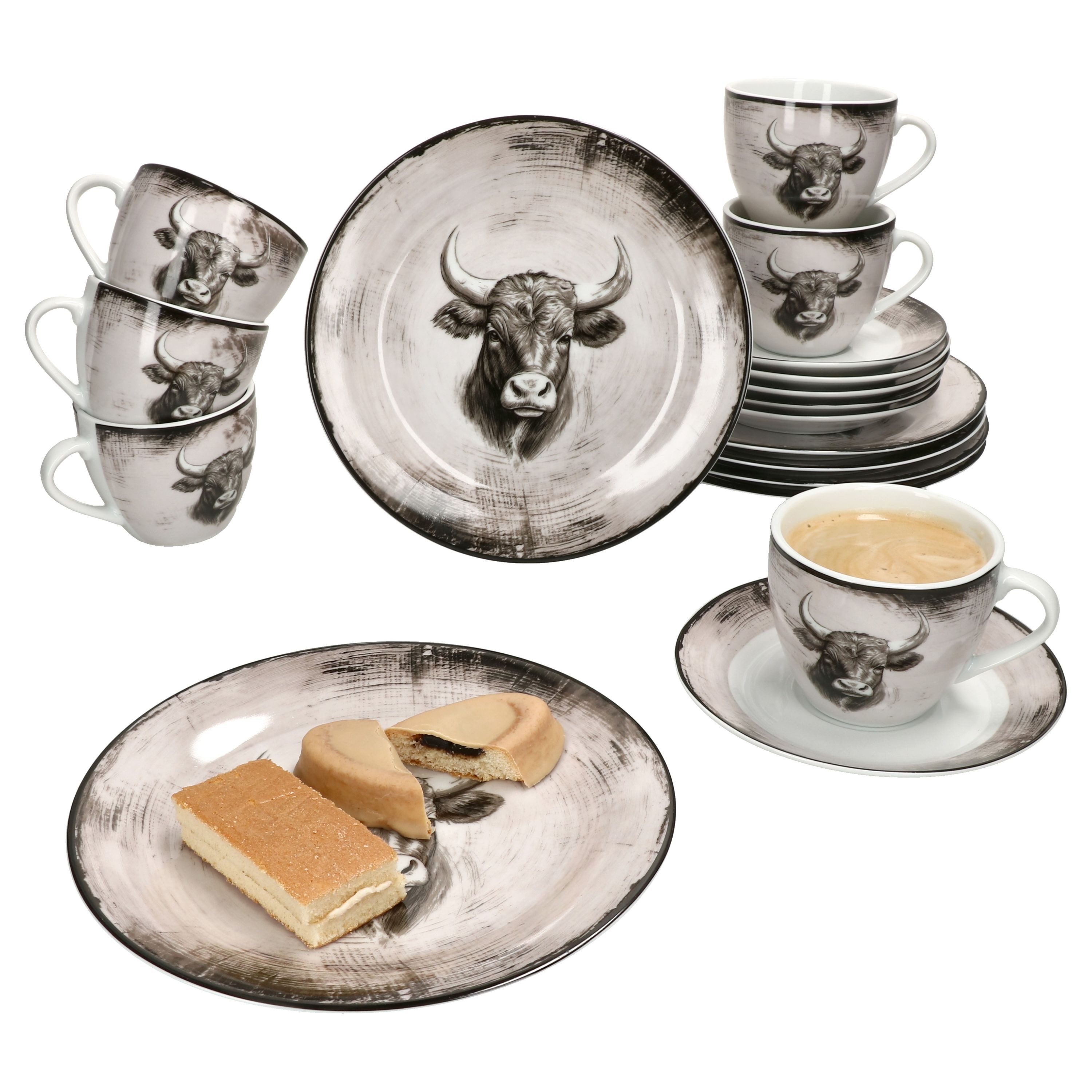 MamboCat Kaffeeservice Toro 18tlg Kaffeeservice Porzellan 6 Personen Kuh Landhaus, Porzellan