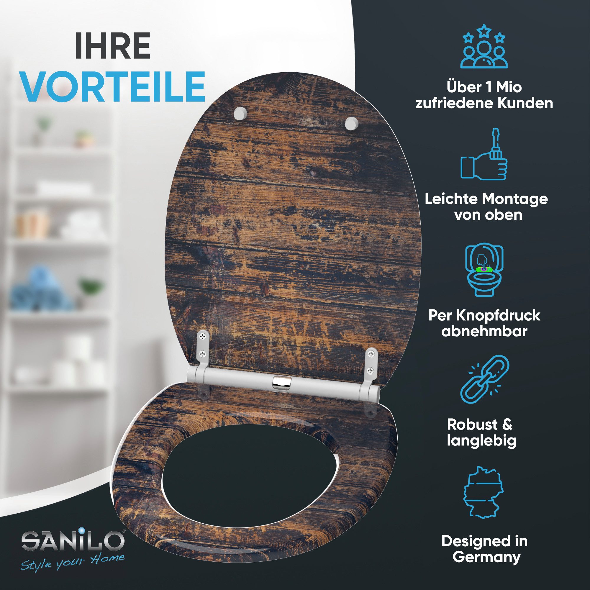 Sanilo WC-Sitz Vintage mit Absenkautomatik & Quick Release, Premium Toilettendeckel, abnehmbar, leichte Montage von oben
