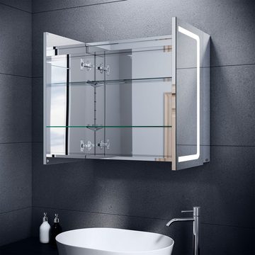 SONNI Badezimmerspiegelschrank Badezimmerspiegelschrank mit beleuchtung 70x65cm Bad Spiegelschrank Edelstahl, mit Steckdose Kippschalter Kabelloses Scharnier Design