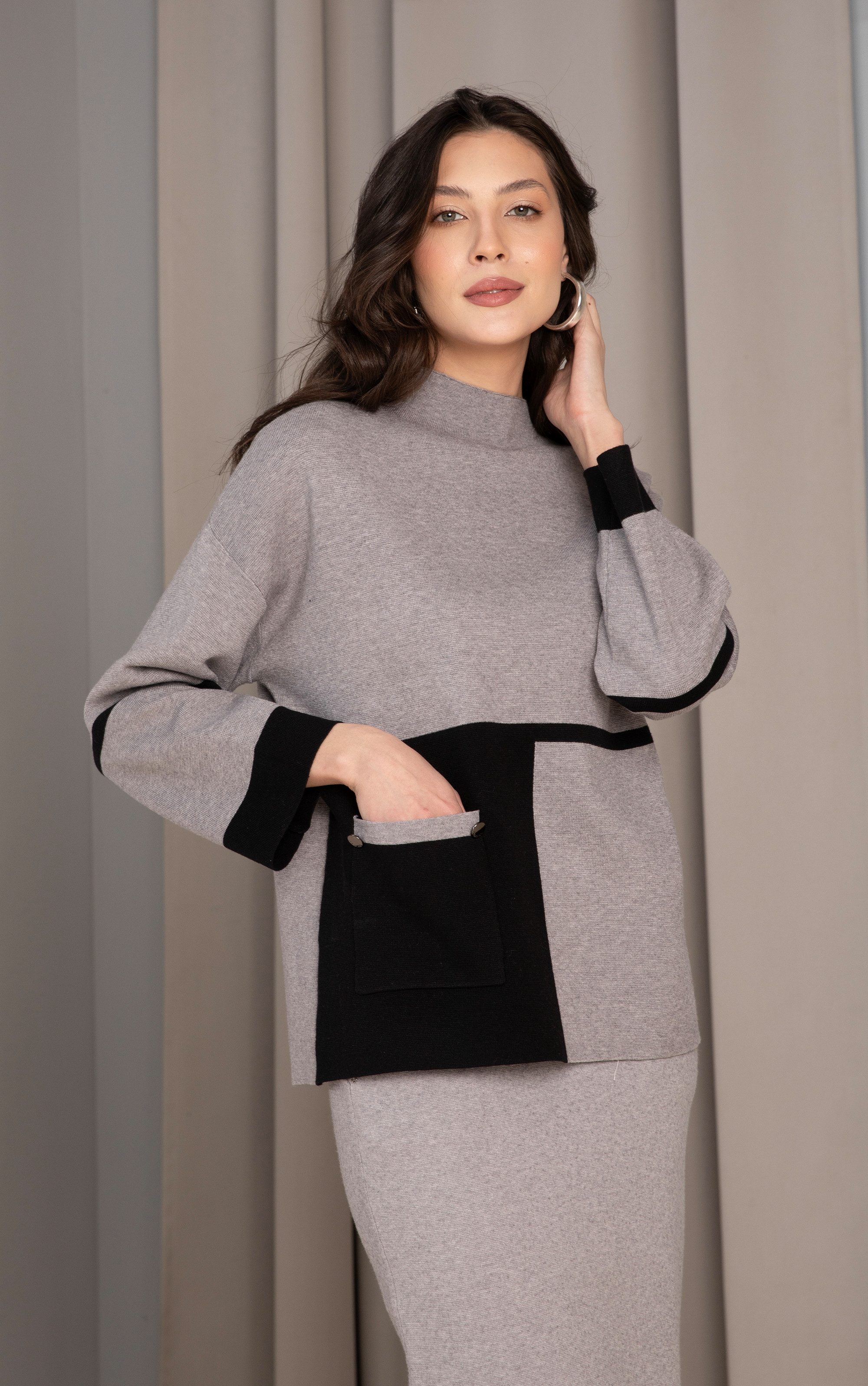 Passioni Strickpullover in grau-schwarzem Colorblocking, längerer günstig online kaufen