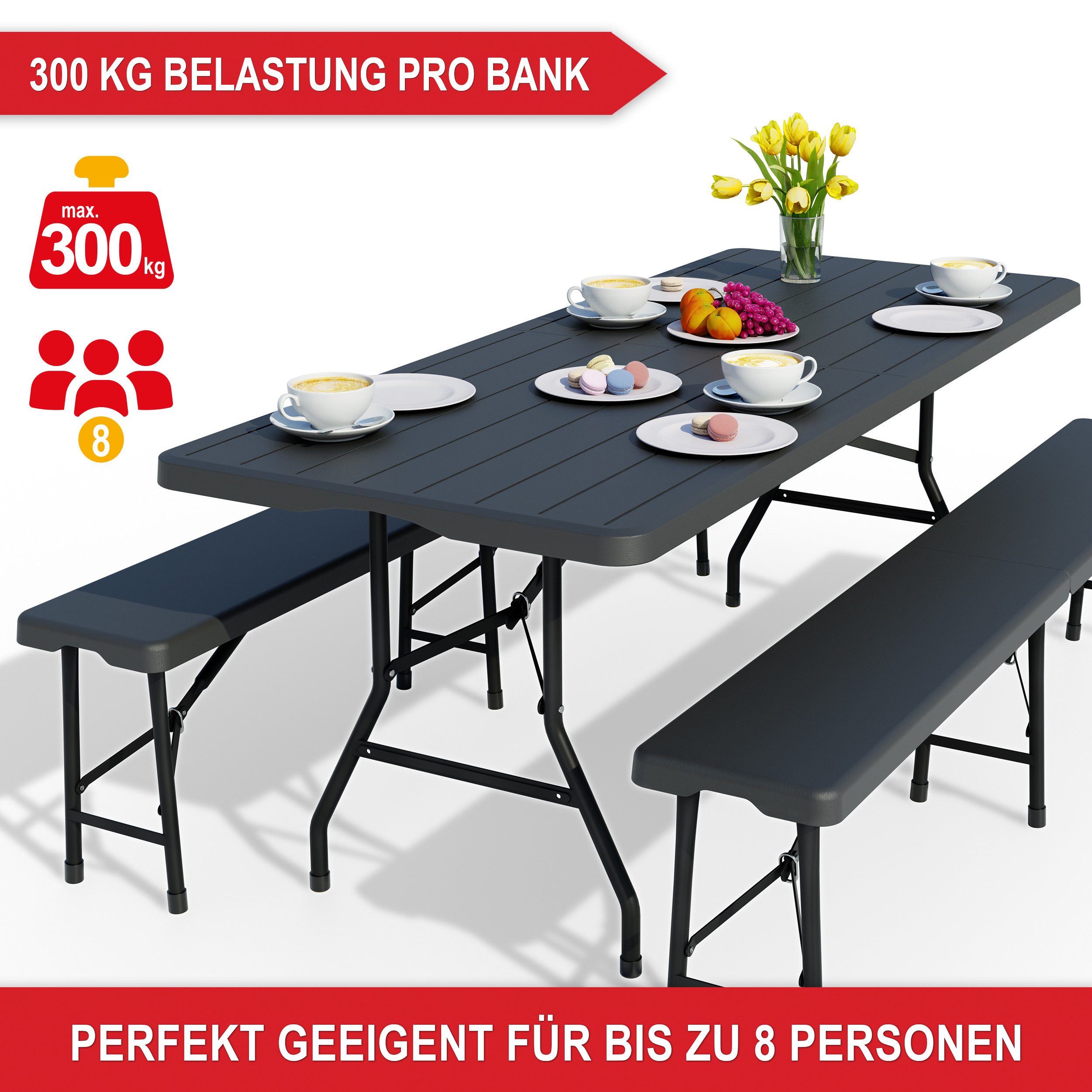 Onbest Bierzeltgarnitur SET klappbar Tragegriff 300kg, (3-tlg), Holzoptik, UV-Beständig