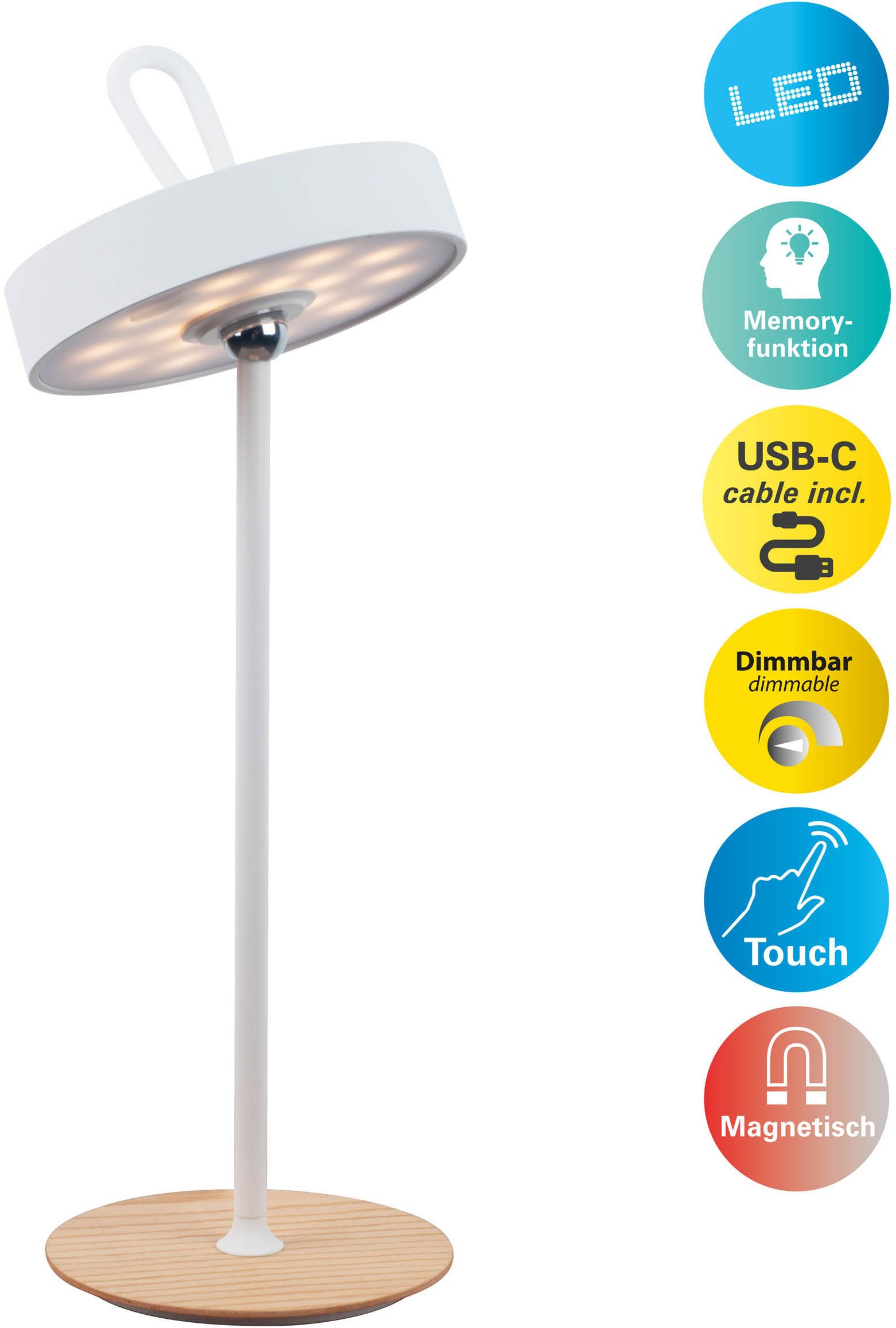OTTO home LED Tischleuchte Ellvra mit Holzfuß, abnehmbares Kopfteil als Hängeleuchte verwendbar, Dimmfunktion, LED fest integriert, Warmweiß, aufladbar, inkl Ak – Bild 2 von 5