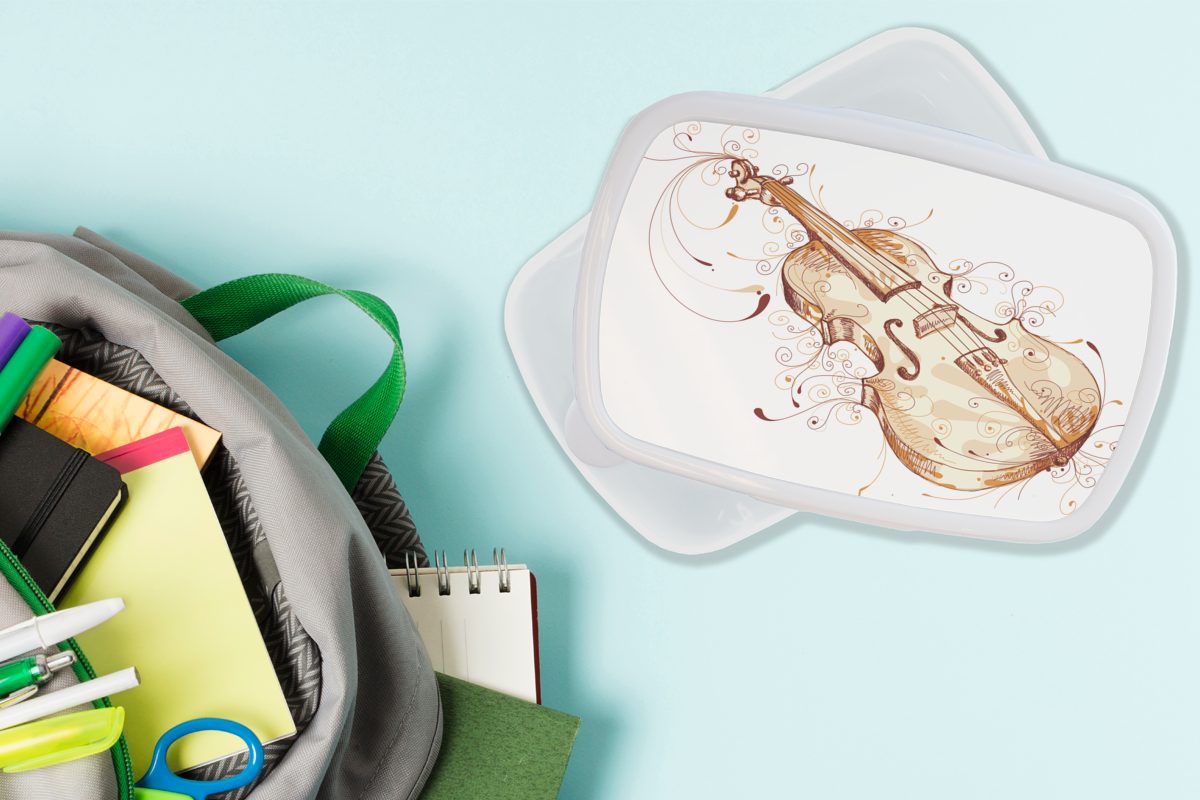 MuchoWow Lunchbox Illustration für Kinder und Erwachsene, Mädchen gezeichneten Geige, Jungs (2-tlg), Kunststoff, Brotbox einer und weiß für Brotdose