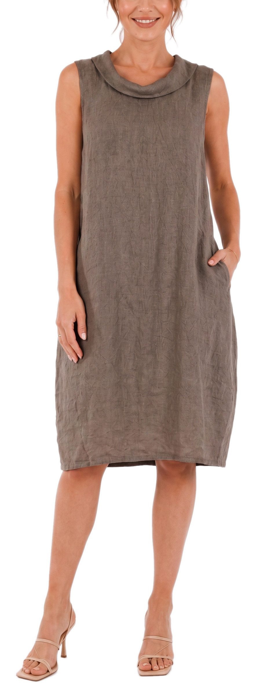 dy_mode Midikleid Damen Leinenkleid Luftiges Midi Sommerkleid Ballonkleid Strandkleid in Unifarbe, Wasserfallkragen, mit seitlichen Eingriffstaschen