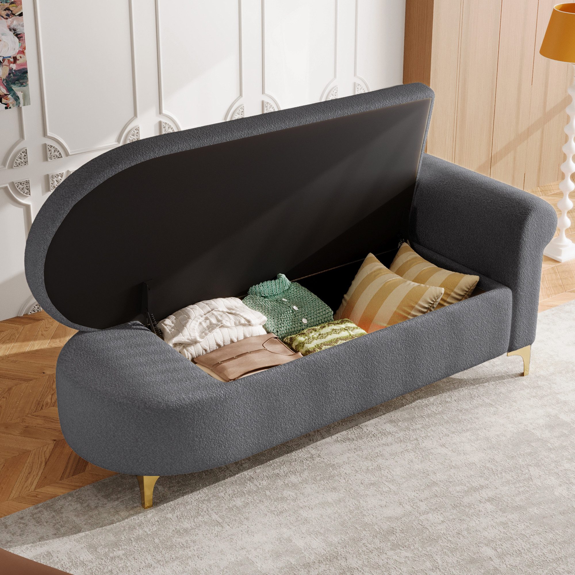 Odikalo Chaiselongue Relaxsessel Freizeitstuhl mit Stauraum & Schlaffunktion, modernes Design wellenförmige Rückenlehne Lammfell-Optik-Stoff hochdichter Sitzkissen inkl Lendenkissen Nackenkissen 134cm