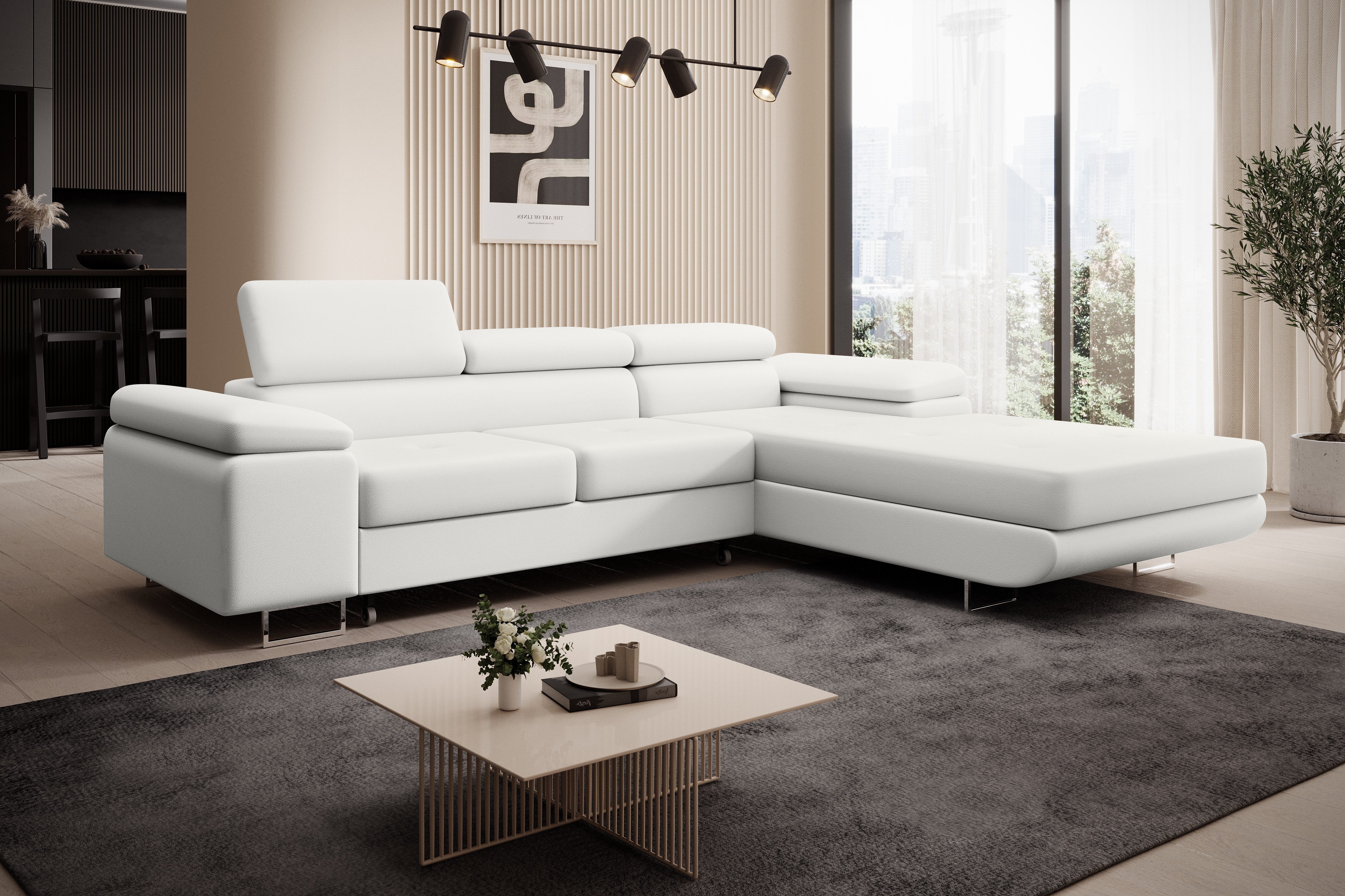 thematys Ecksofa ALVARO 250 x 183cm mit Schlaffunktion & Bettkasten –, L-Sofa mit 4 verstellbaren Kopfstützen, Strukturstoff (Inari), Cord (Poso), Leder (Soft), Leder (Soft)/Velours (Sawana) - L-Form, Wohnlandschaft, 250 cm breit