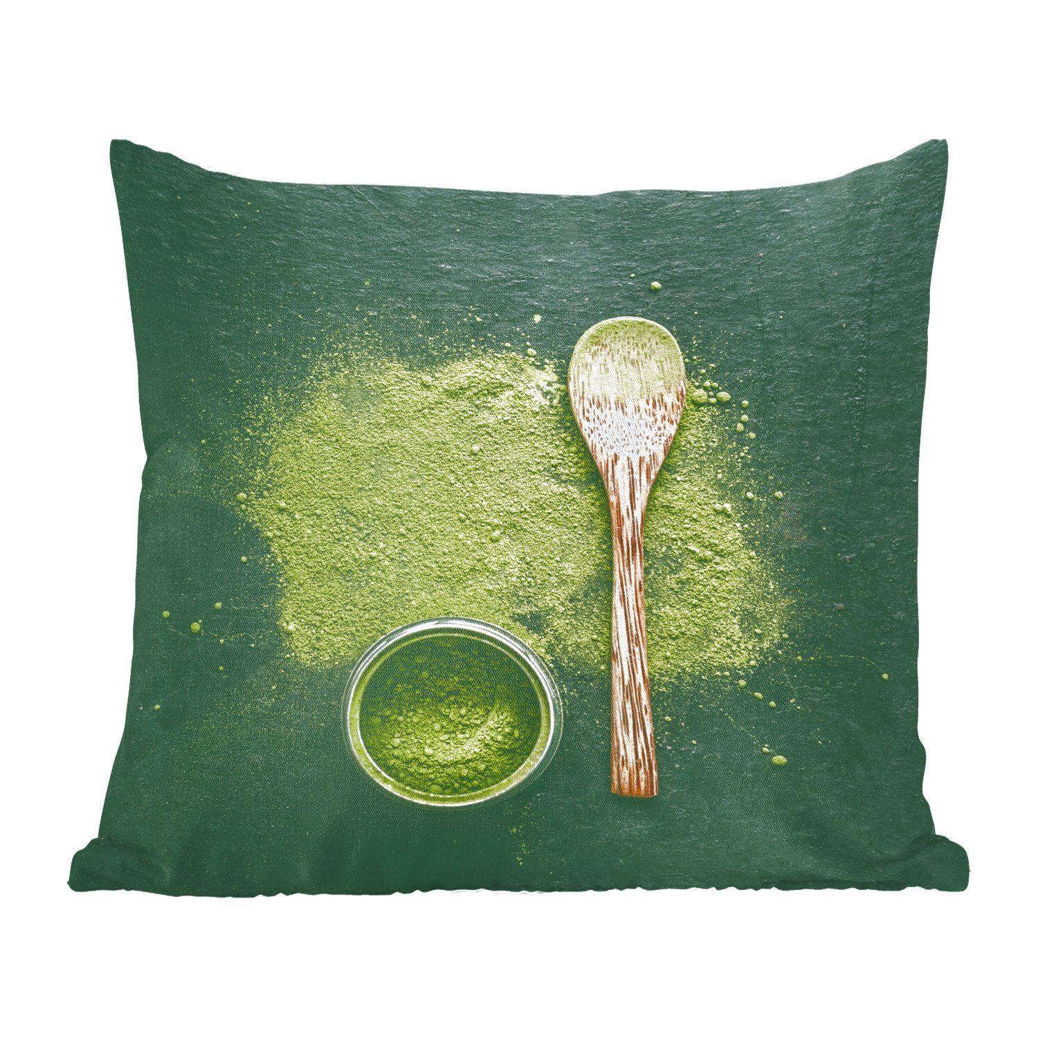 Matcha-Pulver mit Sofakissen Füllung grünem Zierkissen Wohzimmer, Dekokissen MuchoWow auf Deko, Hintergrund, für Schlafzimmer, Grünes