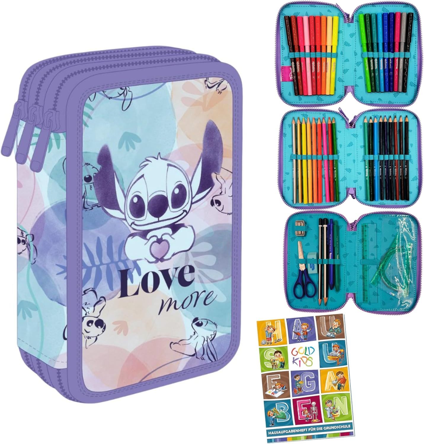 GOLDKIDS Federmäppchen 3 Fächer - Mäppchen für Mädchen und Jungen -, (Federmappe 3-Fach Federtasche, Gefüllte Schüleretui 46-teilig), Schulmäppchen und Hausaufgabenheft - Stitch Motiv