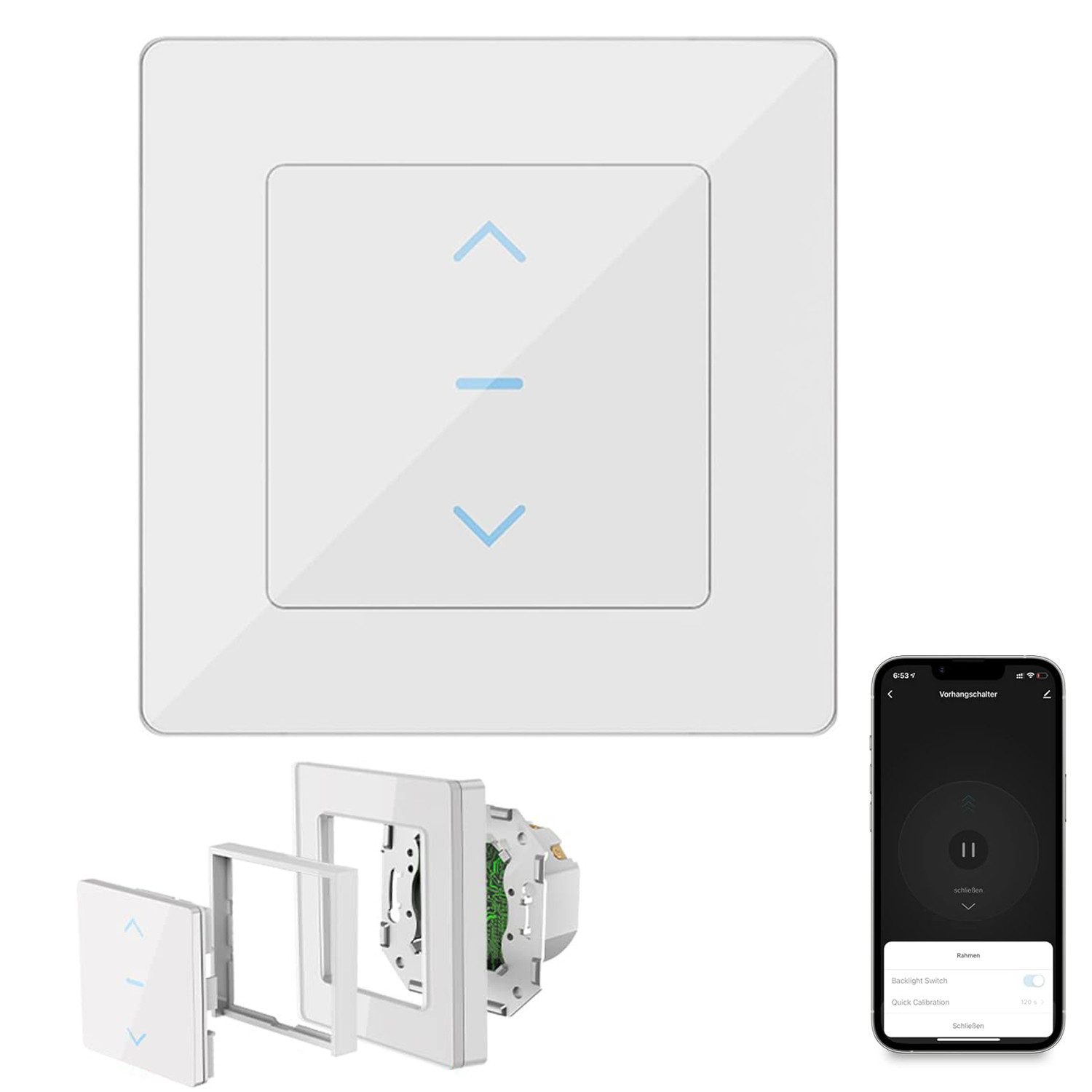 MODFU Переключатель Smart WLAN Rollladenschalter Touch Vorhangschalter (elektrisch Rollladenschalter aus schwer entflammbarem ABS-Material, 1-St., mit App-Steuerung Überlastschutz Zeitplanfunktion und Touch-Bedienung), kompatibel mit Einzel- & Mehrfachrahmen