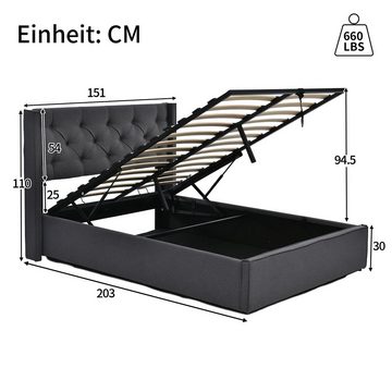 WISHDOR Polsterbett Doppelbett Bett mit Matratze Hydraulisch (mit Stauraum 140x200cm, mit Lattenrost und Metallrahmen), Massivholz+Baumwolle+Metal