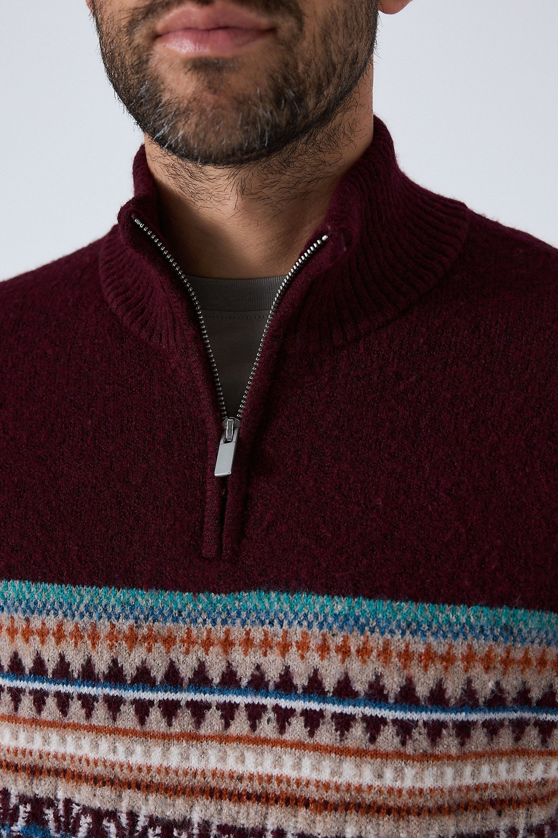 Next Norwegerpullover Regular Fit Troyer, Fairisle-Muster + Blockfarben (1-tlg)