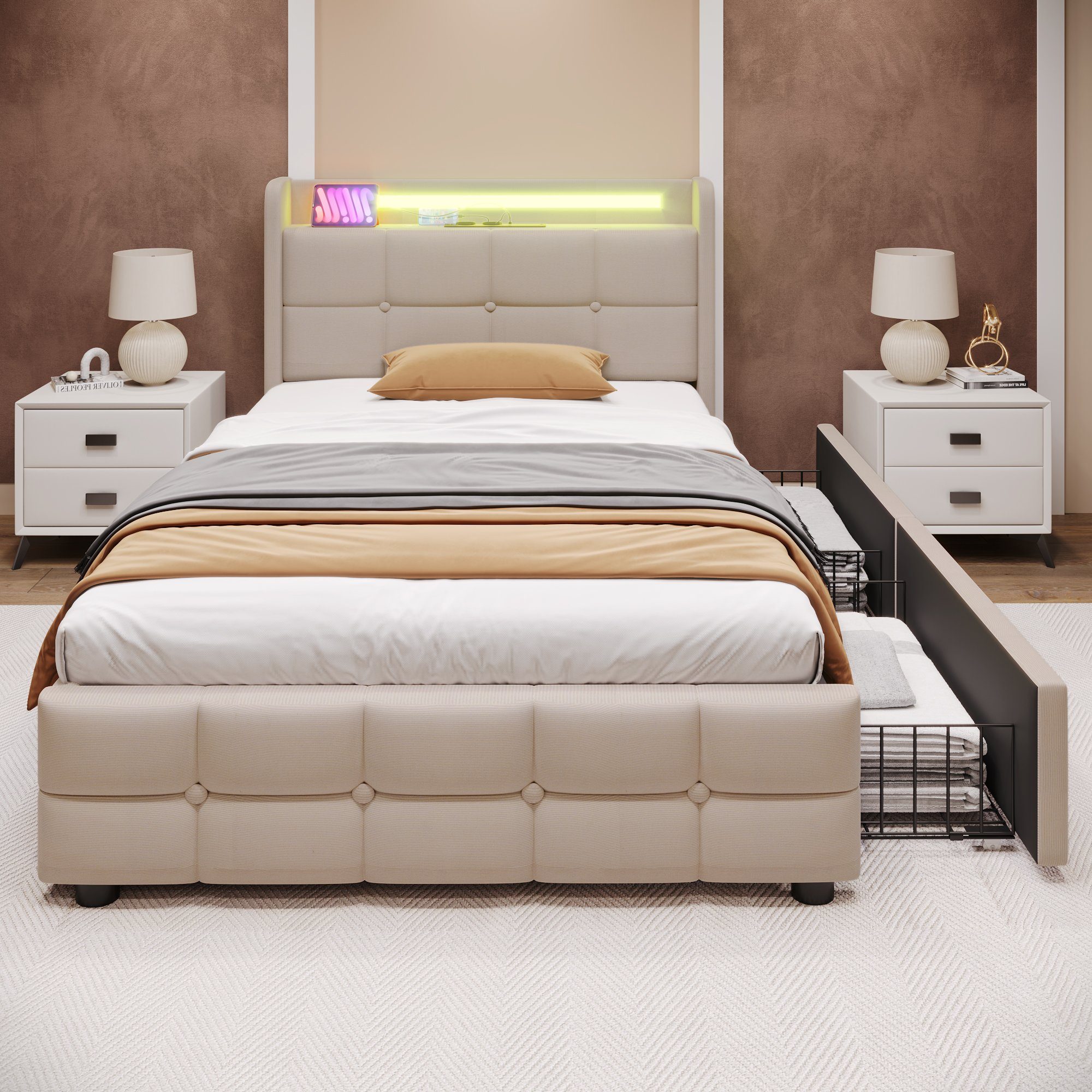 Okwish Polsterbett 140x200 Cm Mit LED-Licht, USB-C & Stauraum – Funktionsbett In Samt Beige Ohne Matratze