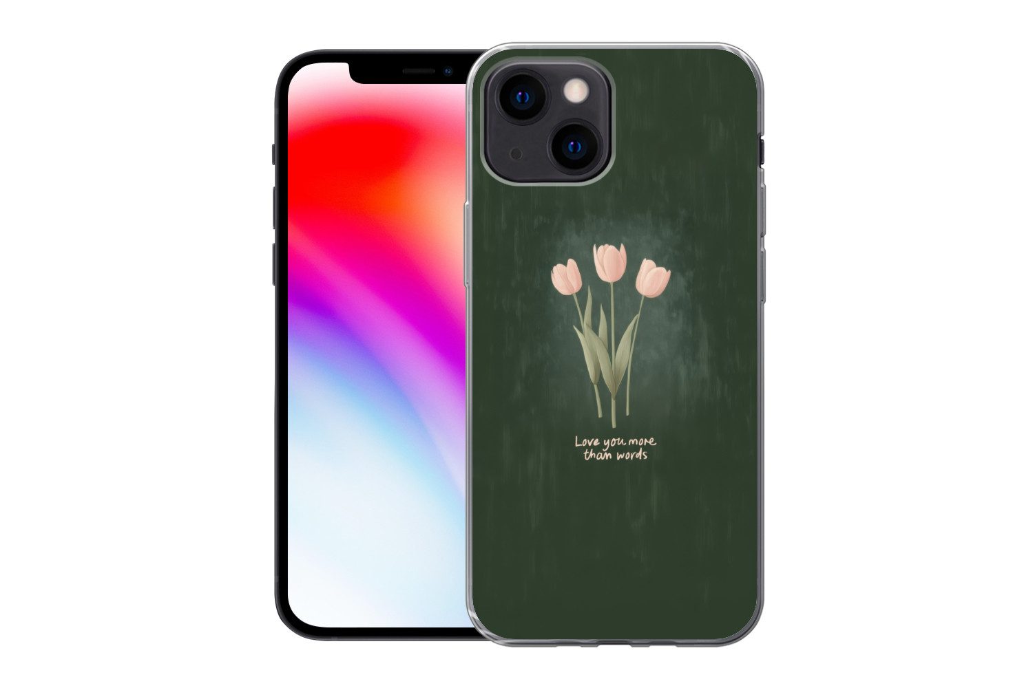 MuchoWow Handyhülle für Apple iPhone 13 mini Tulpen - Rosa - Text - Liebe, Smartphone-Bumper, Print, Handy Schutzhülle Dünn