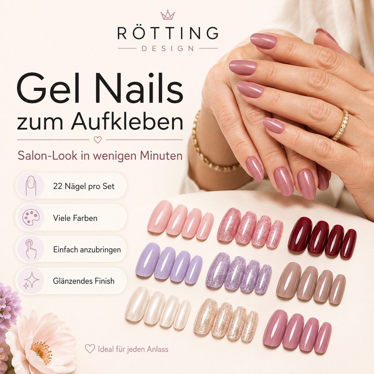 Rötting Design Kunstfingernägel zum Aufkleben 22 Stk Gel Nails Kunstnägel Nagelsticker Saloon-Qualität, Set 22-tlg., Gelnägel Set inkl. Manikürstäbchen & Nagelpfeile, Gel Nails zum Aufkleben - ohne UV - Nail Art - passgenau