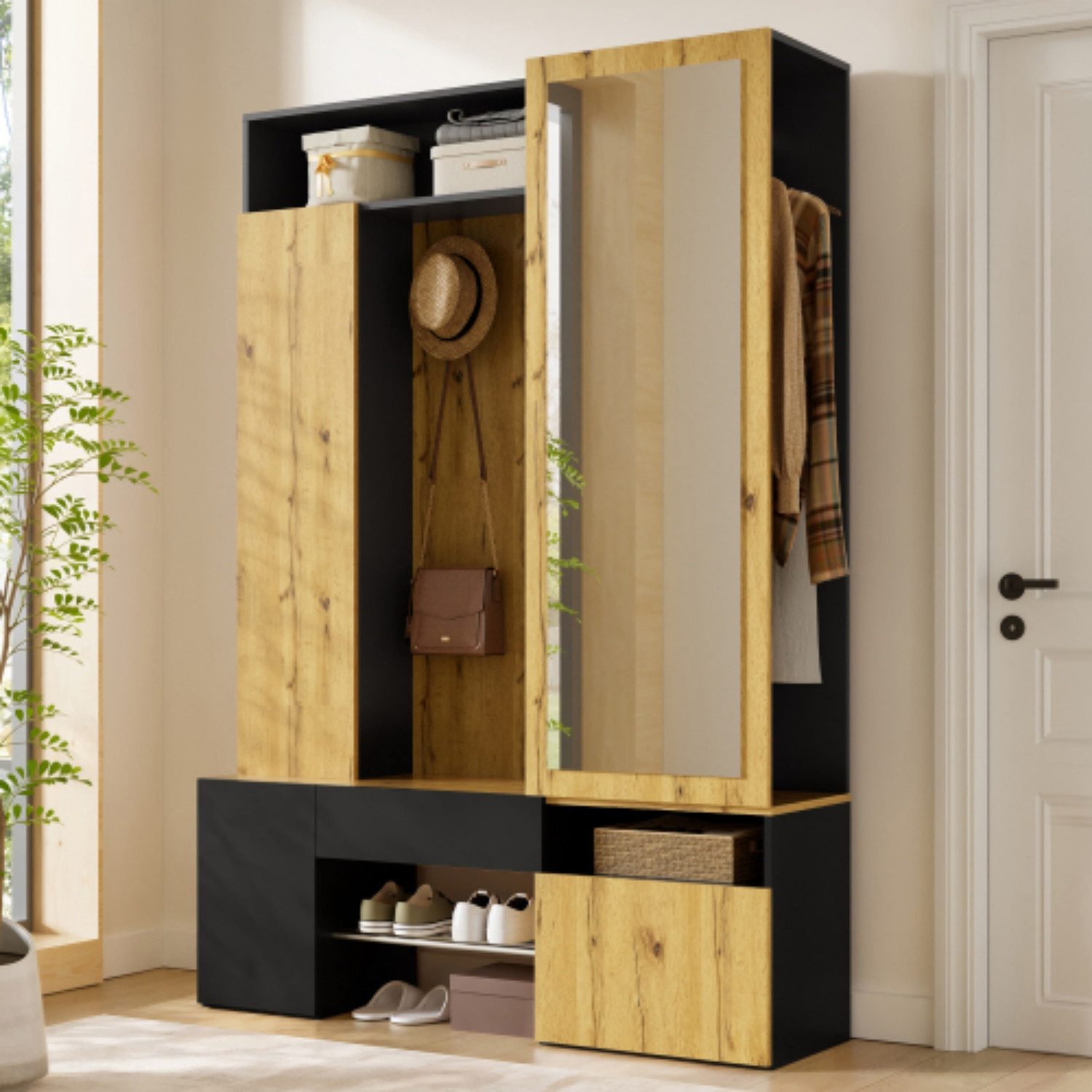 ANYSUN Garderoben-Set Garderobenschrank mit Spiegel, Schuhschrank, Schublade & Kleiderstange, Nur 35 cm tief, mit Haken & Stauraum, belastbar bis 100 kg